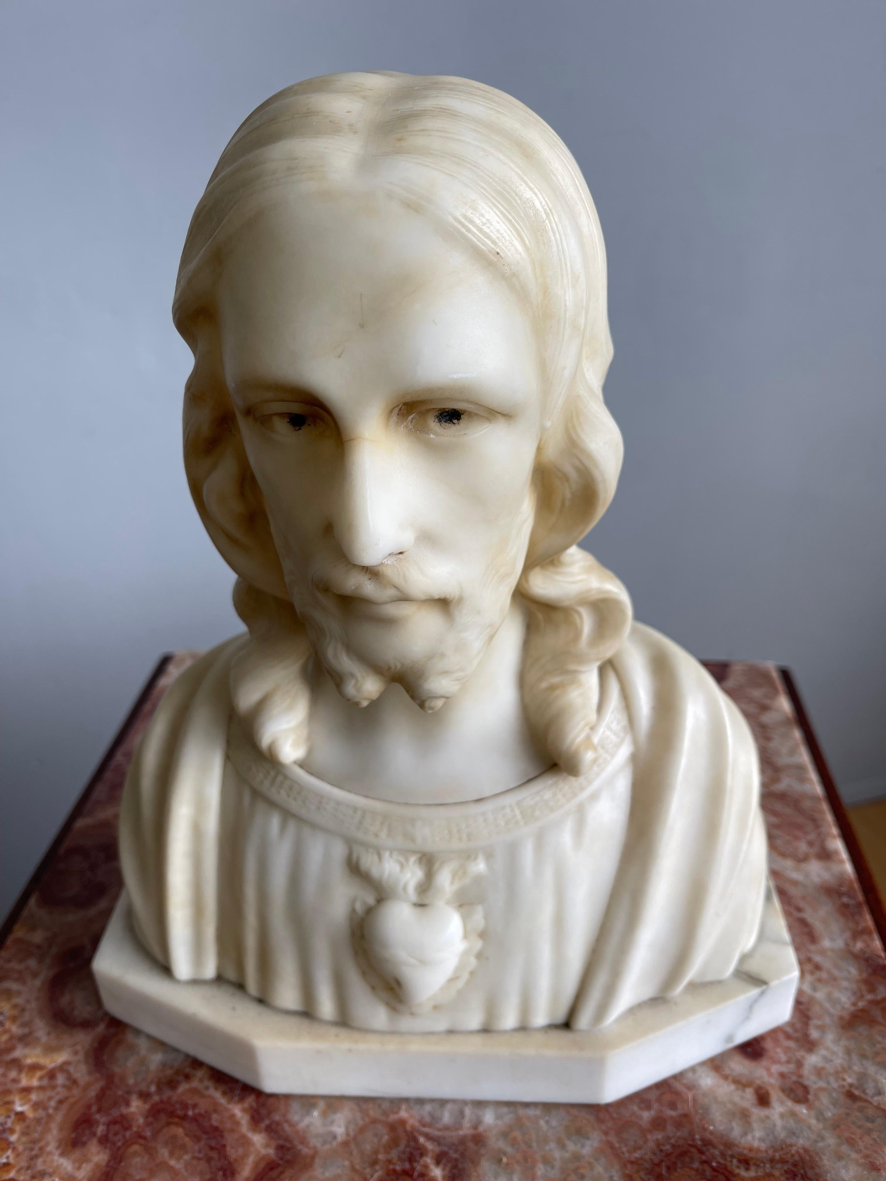 Early 1900s Signed Alabaster Sculpture / Bust of Jesus Christ on a Marble Base In Excellent Condition In Lisse, NL