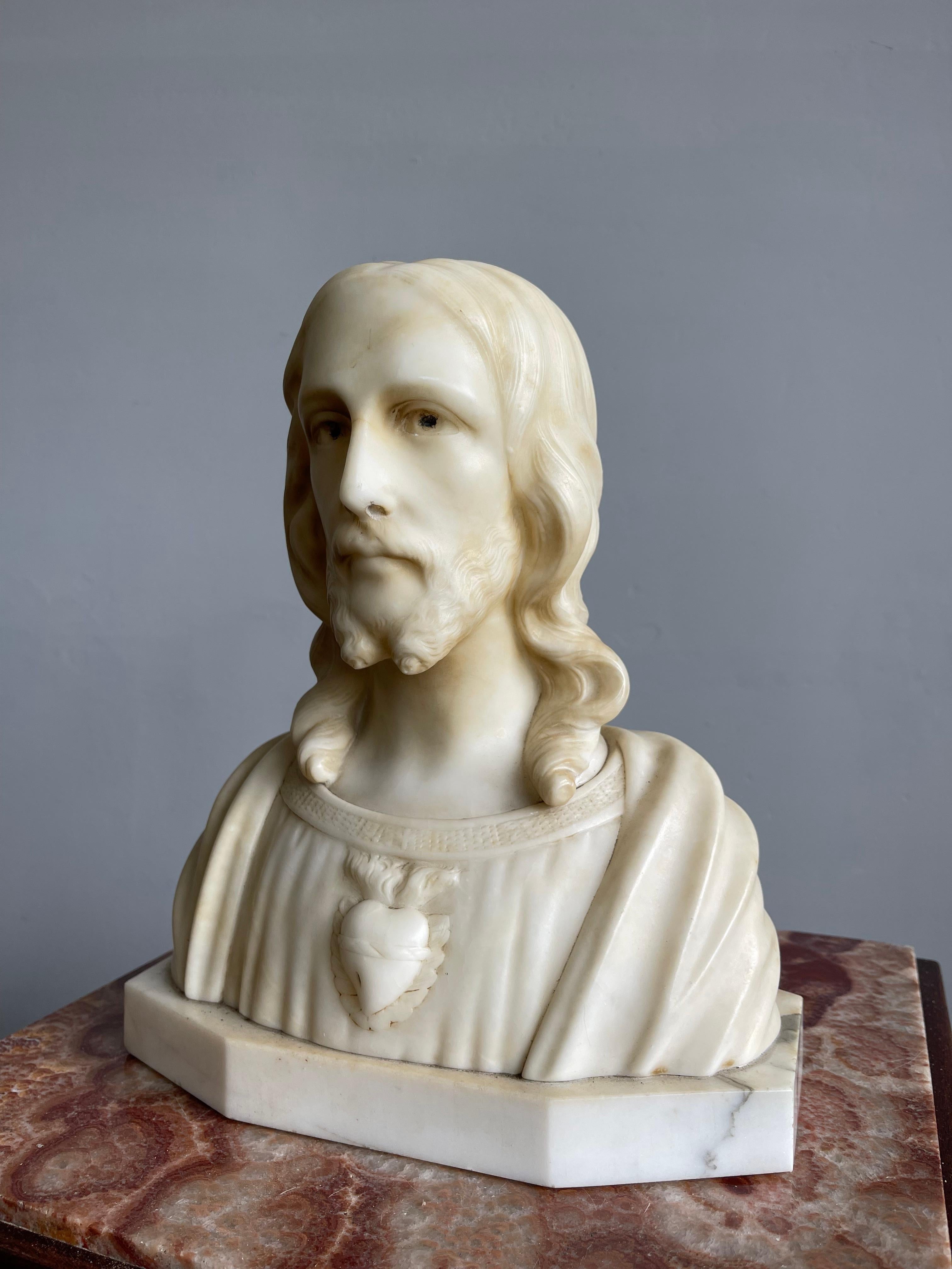 Early 1900s Signed Alabaster Sculpture / Bust of Jesus Christ on a Marble Base 1