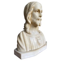 Early 1900s Signed Alabaster Sculpture / Bust of Jesus Christ on a Marble Base