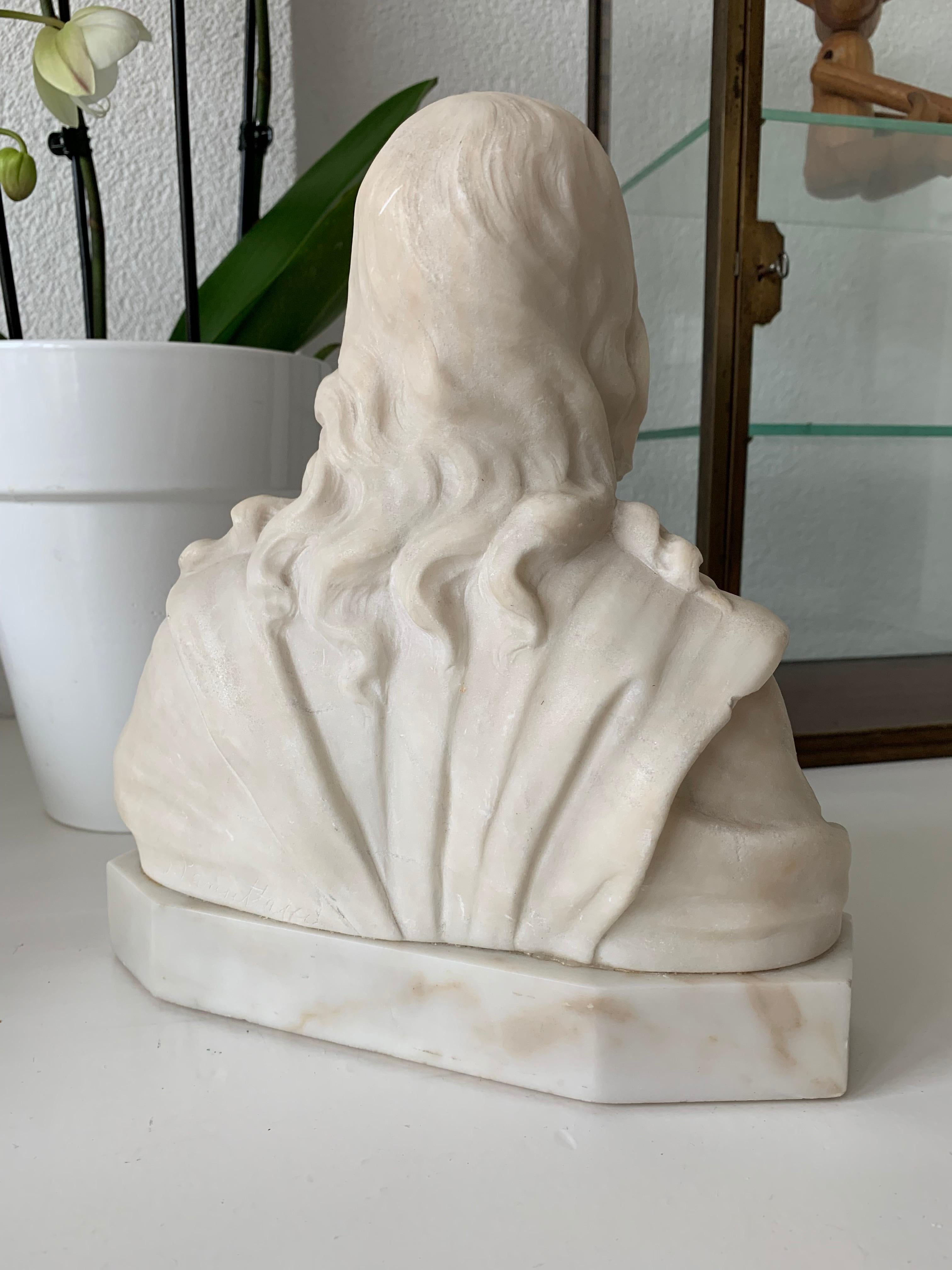 Early 1900s Signed Marble Sculpture / Bust of Jesus Christ on an Art Deco Base 3