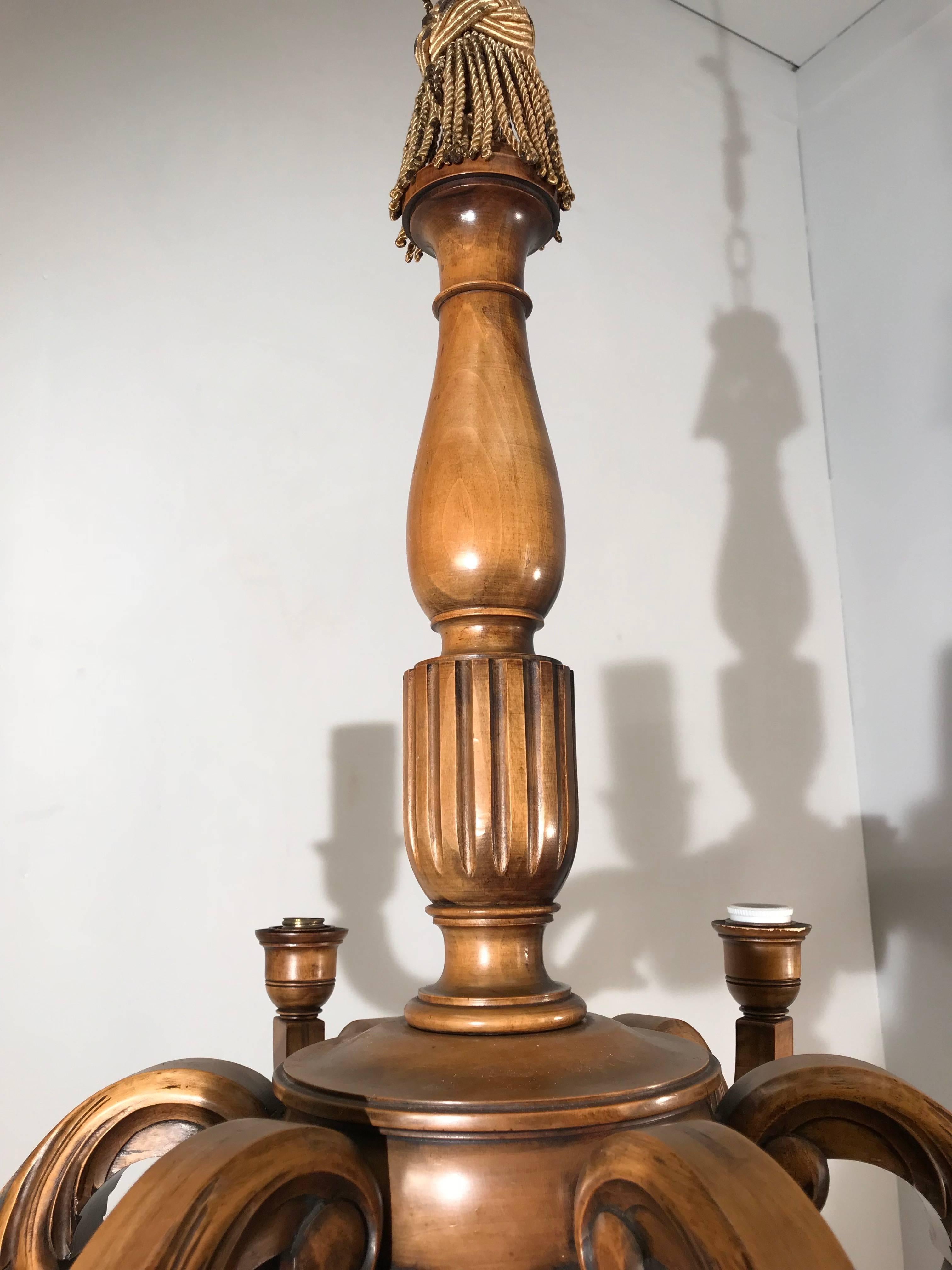 Early 1900s Six Light Quality Carved Wood Chandelier with White Alabaster Shades 6