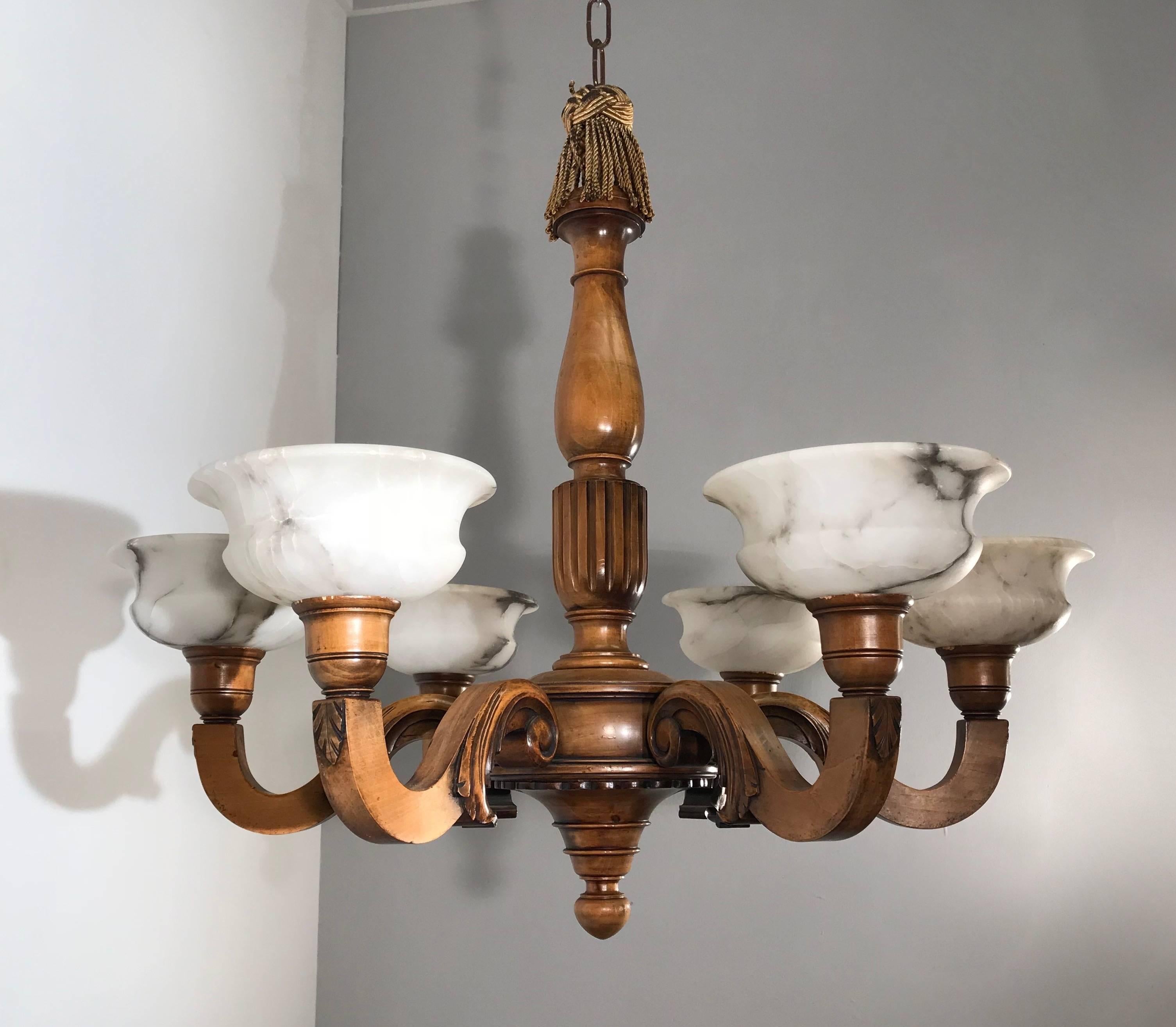 Early 1900s Six Light Quality Carved Wood Chandelier with White Alabaster Shades 8