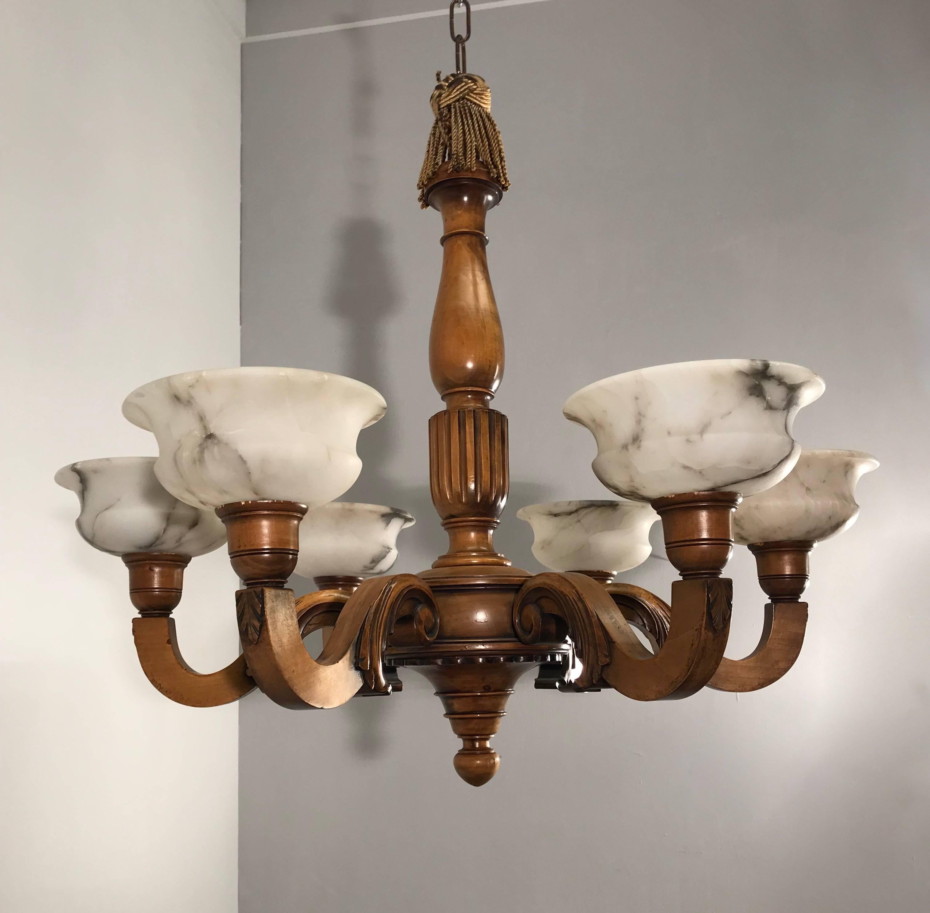 Early 1900s Six Light Quality Carved Wood Chandelier with White Alabaster Shades 9