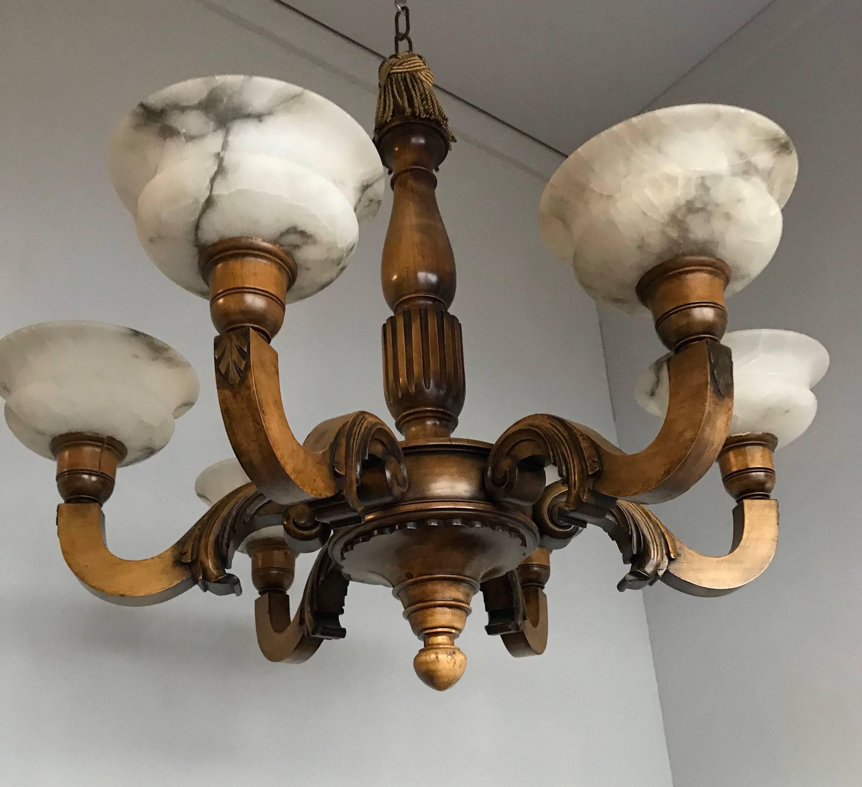 Art Nouveau Early 1900s Six Light Quality Carved Wood Chandelier with White Alabaster Shades