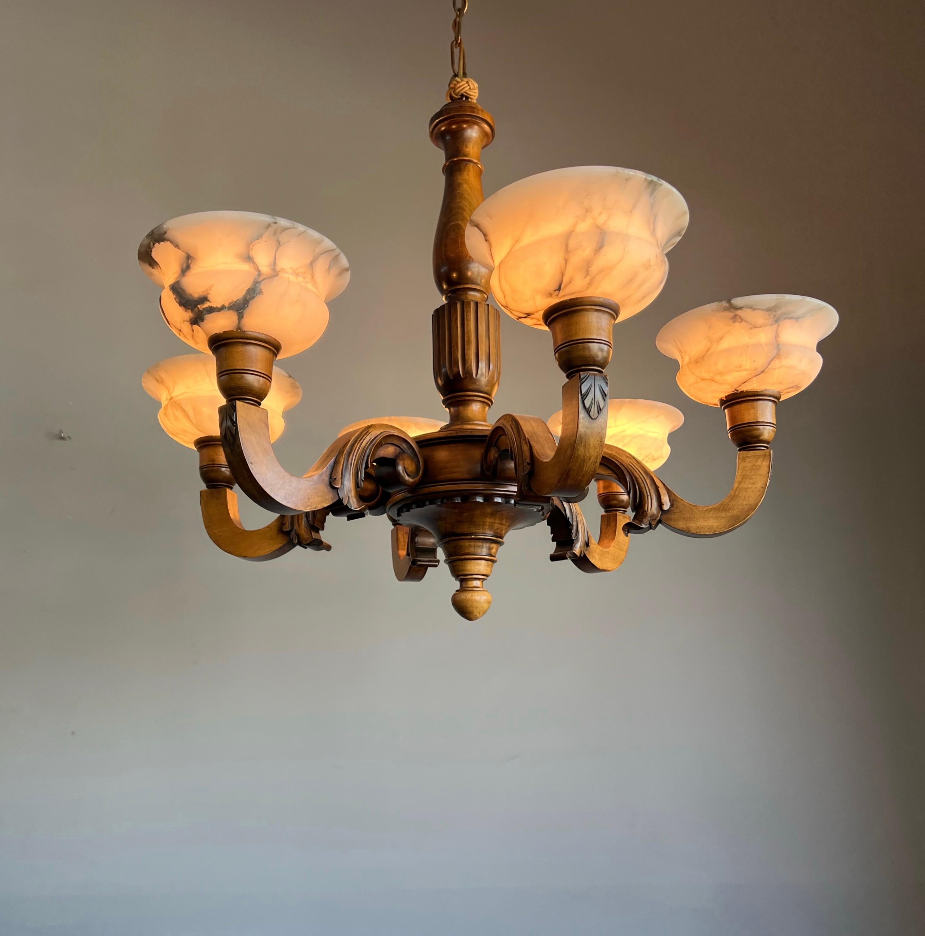Early 1900s Six Light Quality Carved Wood Chandelier with White Alabaster Shades 7