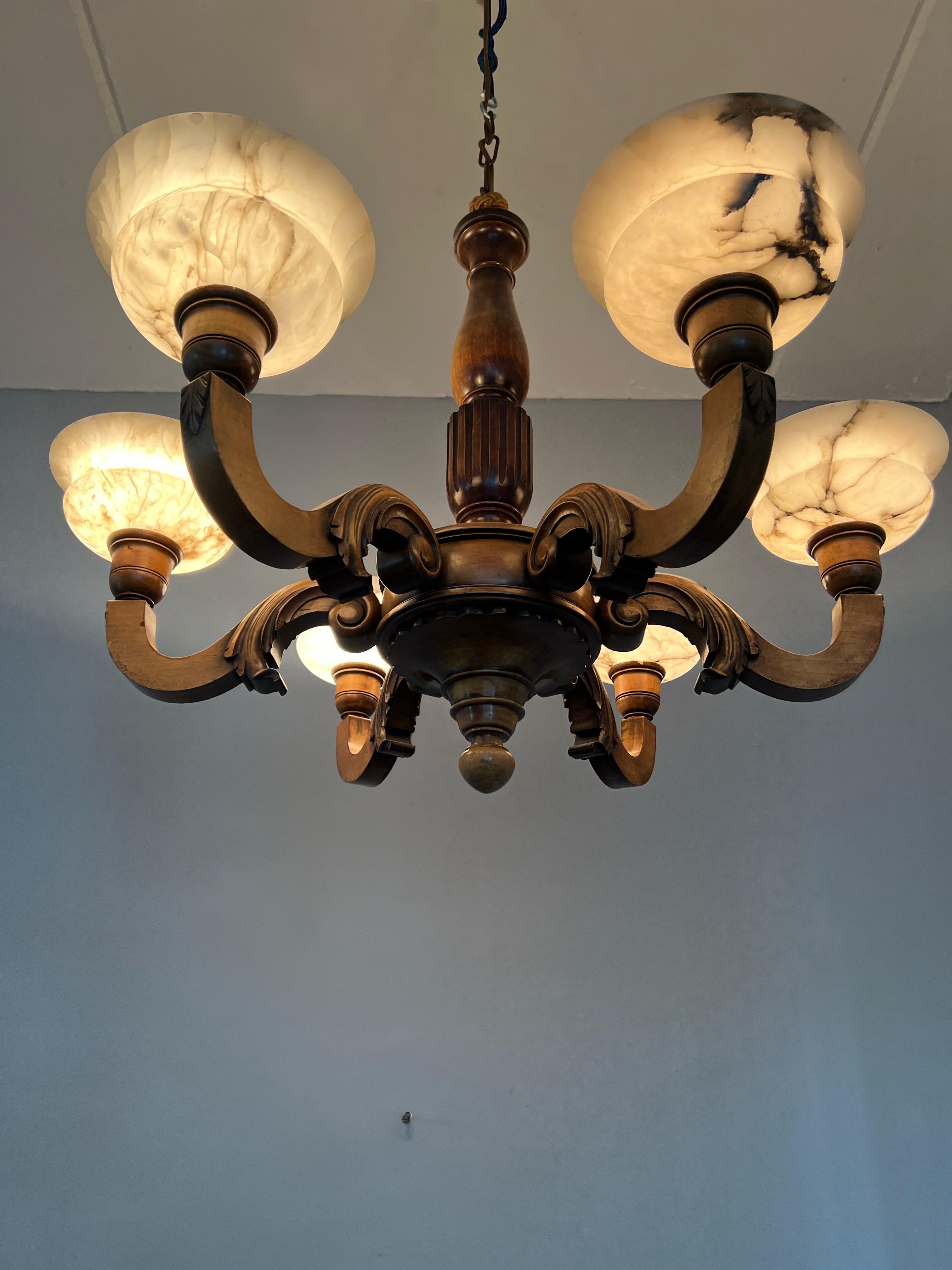 Hand-Carved Early 1900s Six Light Quality Carved Wood Chandelier with White Alabaster Shades