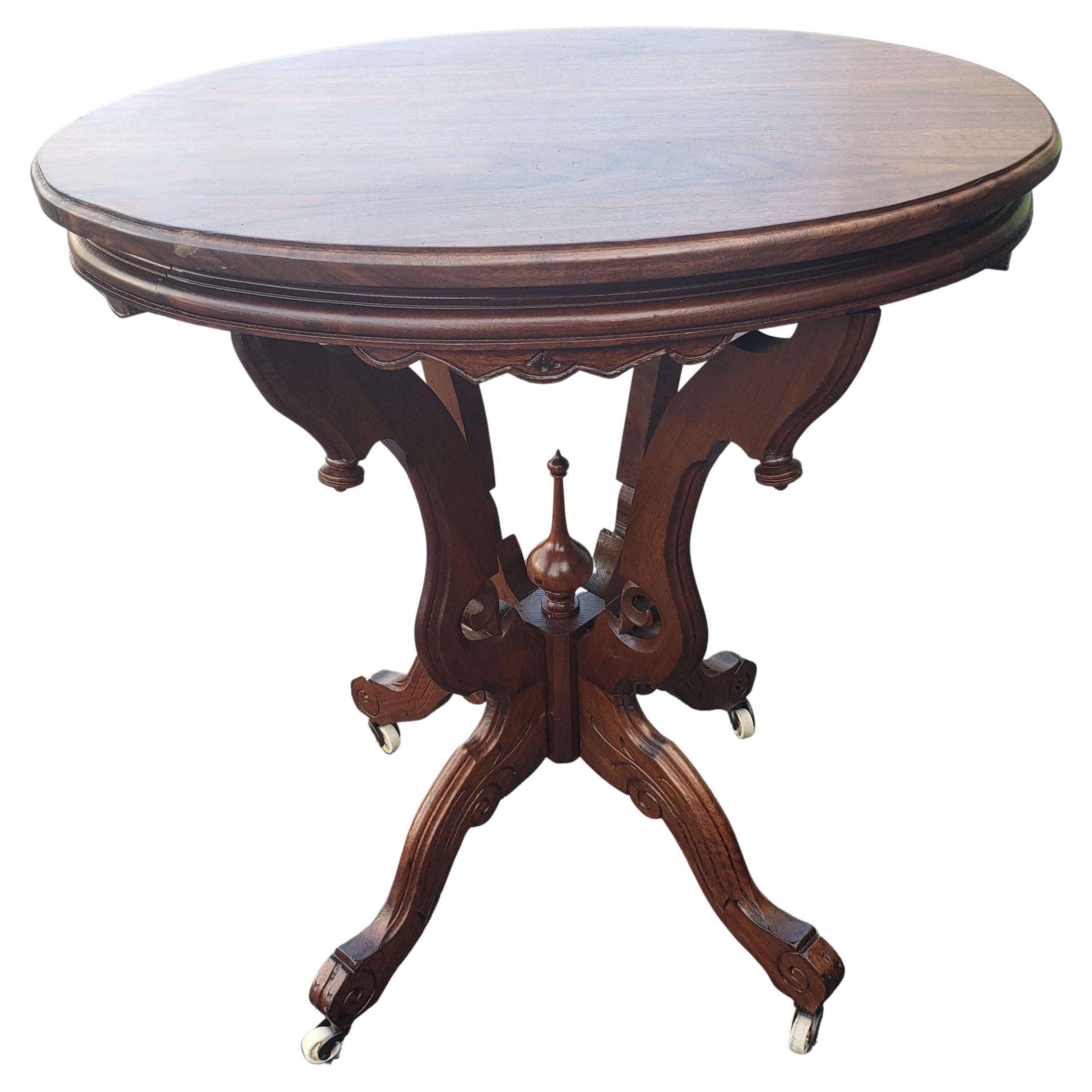 Early 1900s Solid Walnut Victorian Oval Accent Table, Tea Table on Wheels 3