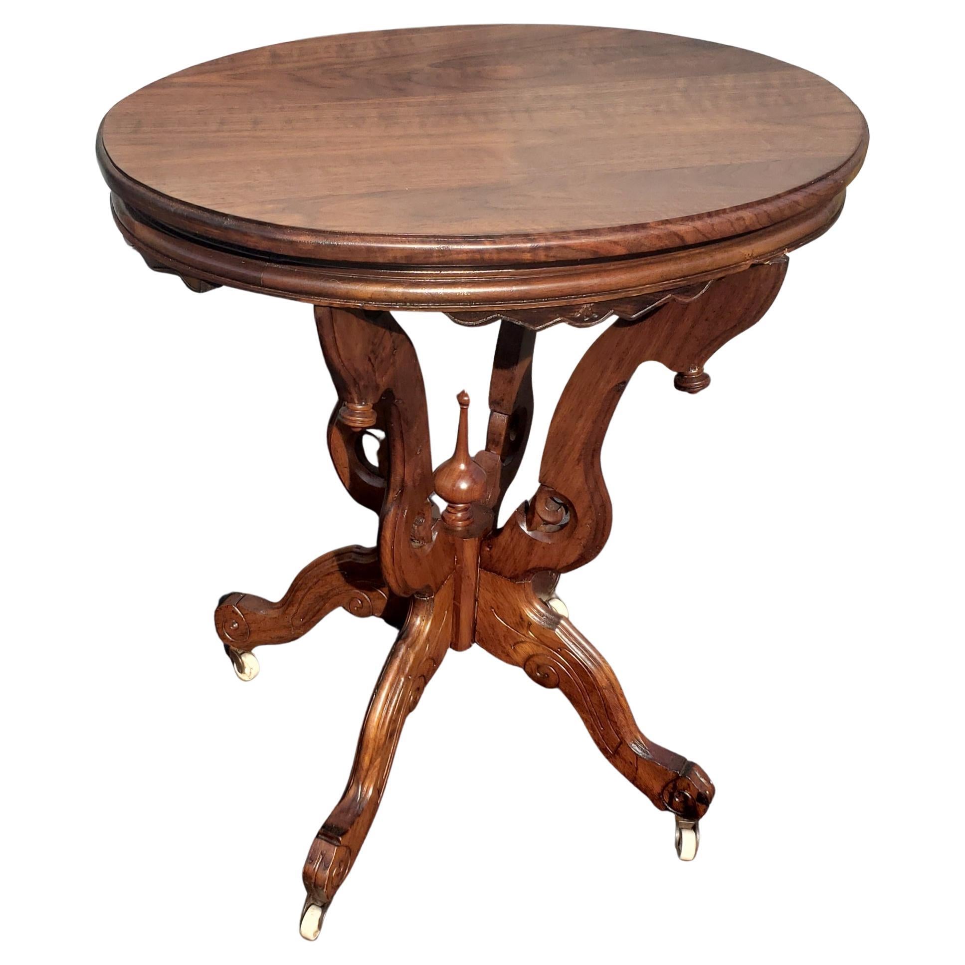 Hand-Crafted Early 1900s Solid Walnut Victorian Oval Accent Table, Tea Table on Wheels