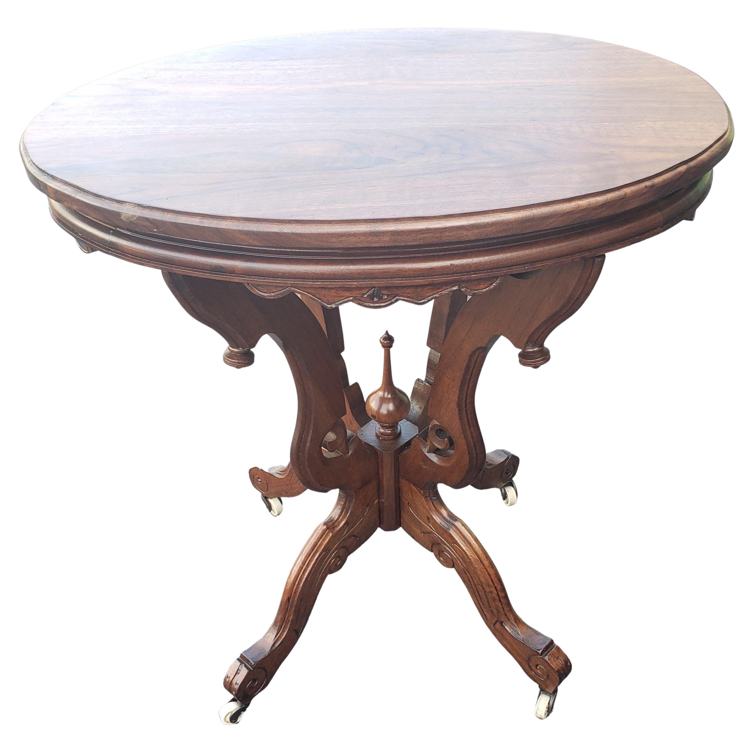 Early 1900s Solid Walnut Victorian Oval Accent Table, Tea Table on Wheels 1