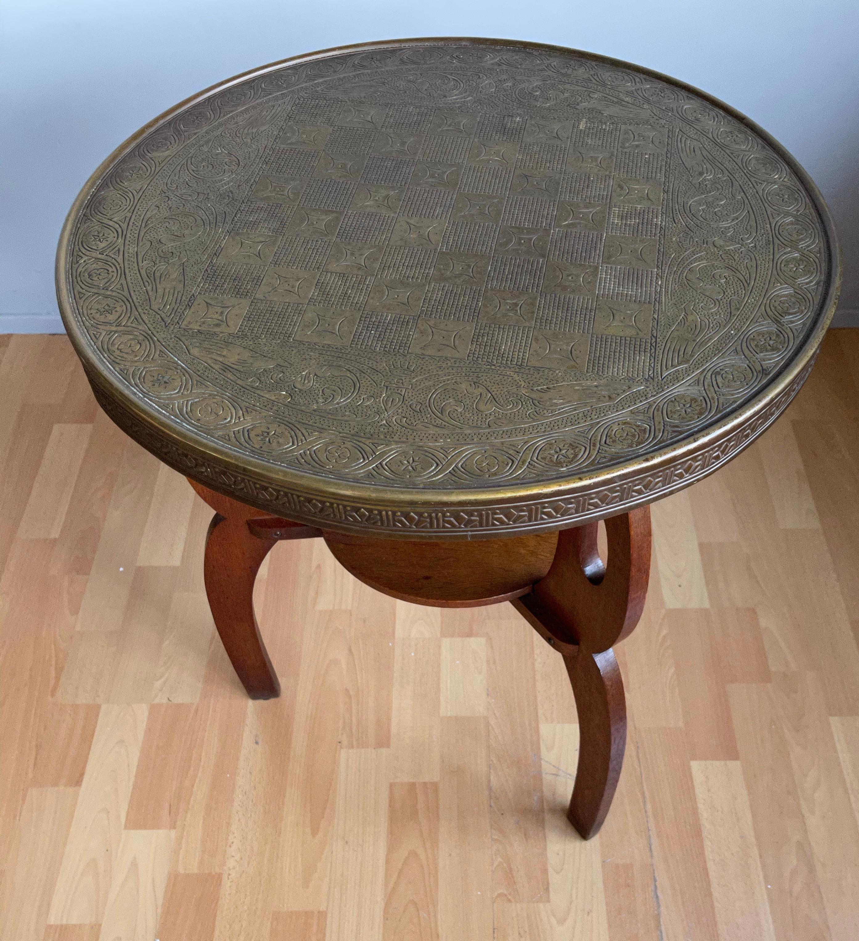 Early 1900s Stylish Arts & Crafts Oak Chess Table with Embossed Brass Table Top  6