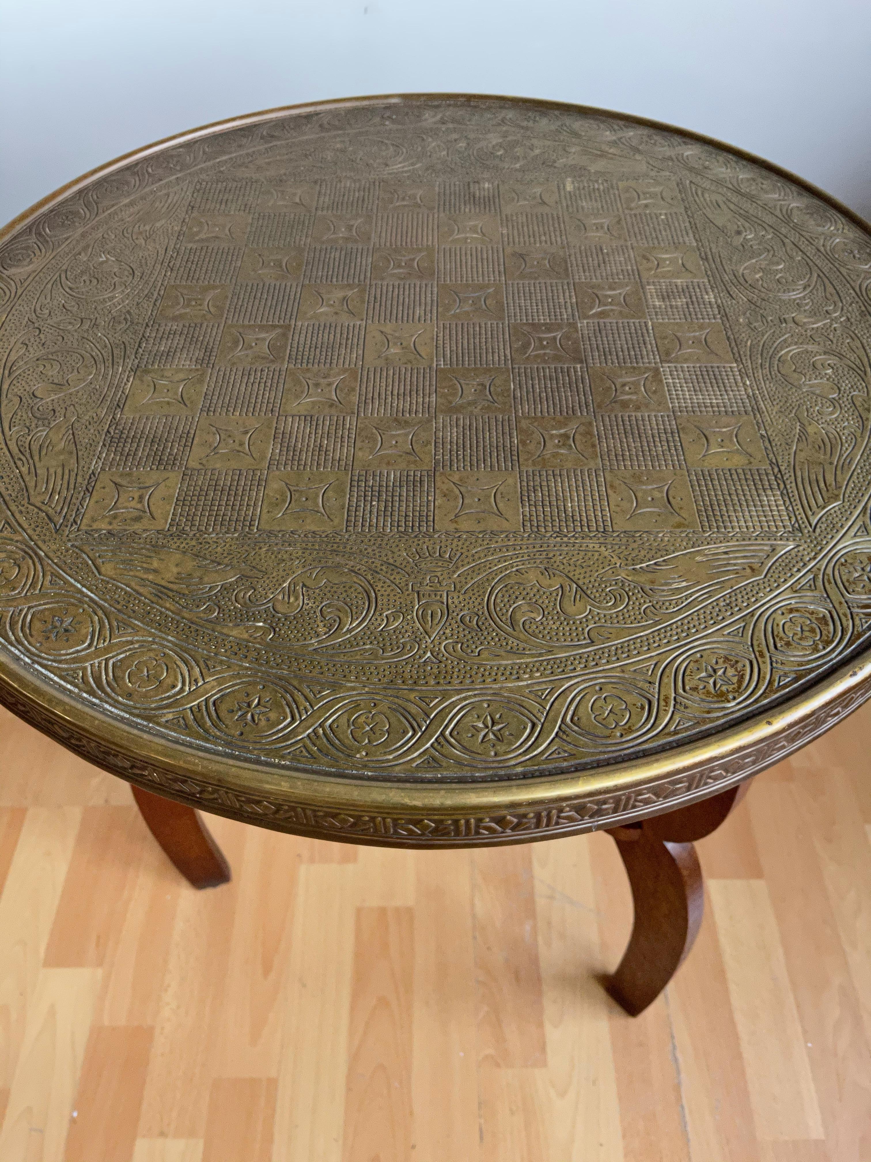 Early 1900s Stylish Arts & Crafts Oak Chess Table with Embossed Brass Table Top  12