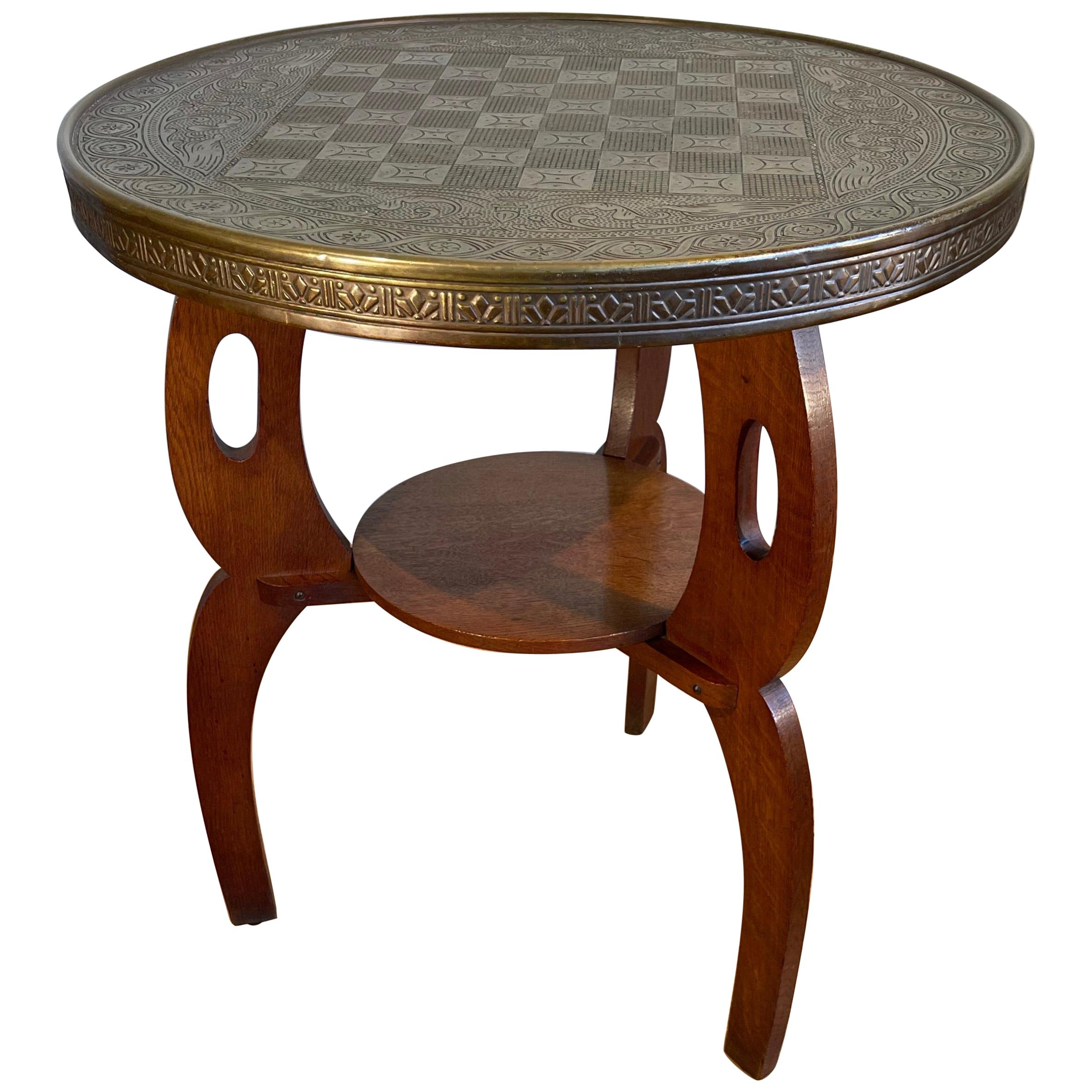 Early 1900s Stylish Arts and Crafts Oak Chess Table with Embossed Brass Table Top at 1stDibs