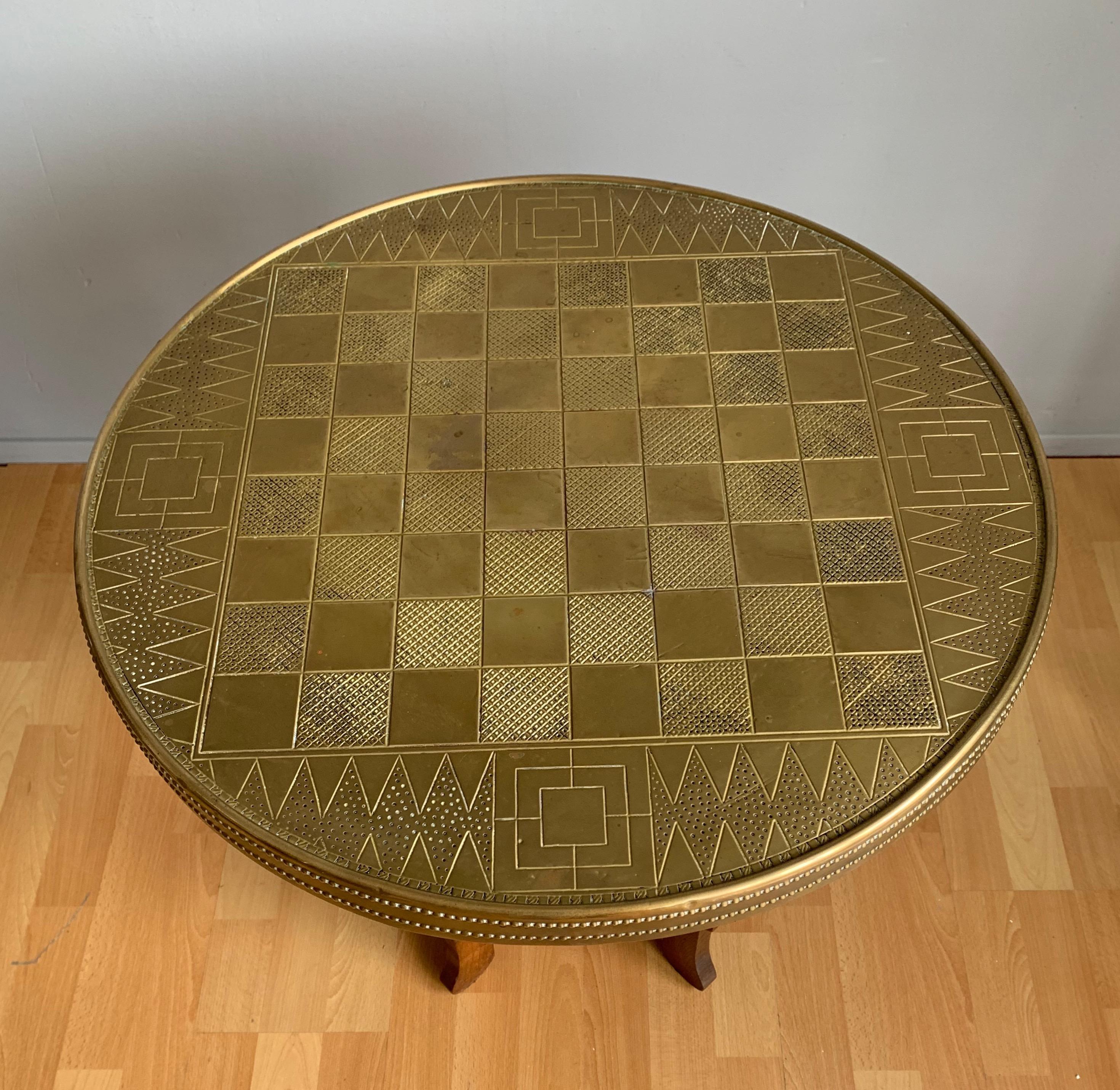 Early 1900s Stylish Dutch Art Deco Oak Chess Table with Embossed Brass Table Top 5