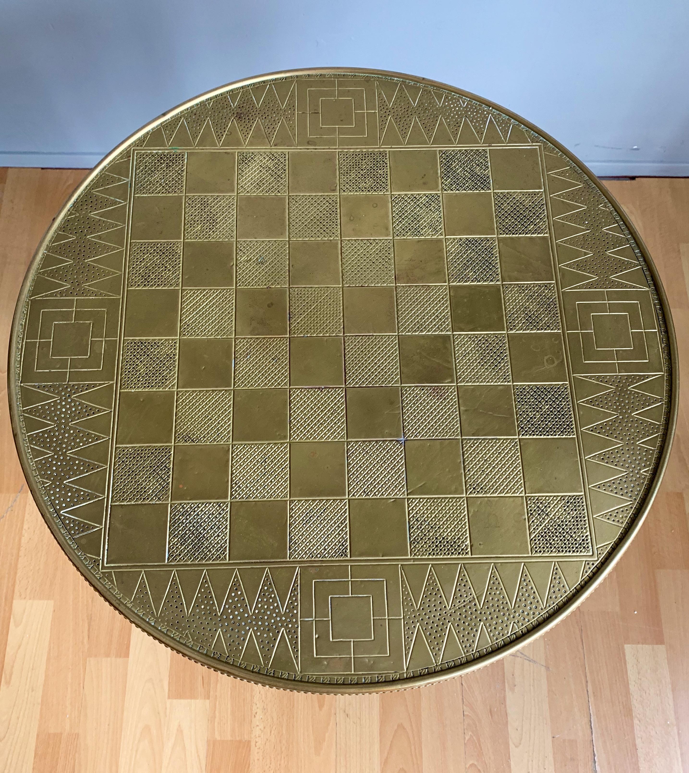 Early 1900s Stylish Dutch Art Deco Oak Chess Table with Embossed Brass Table Top 6