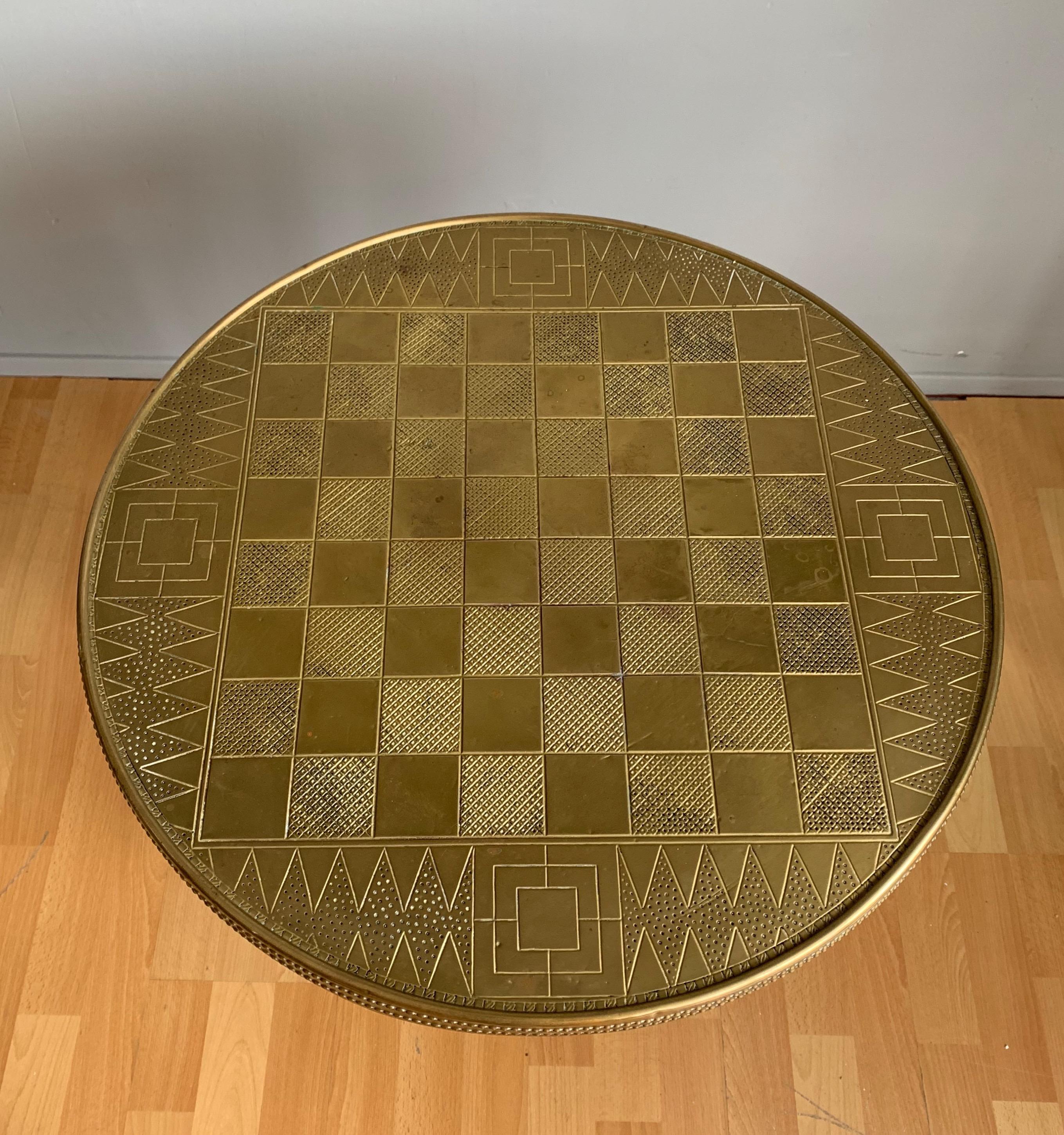 Early 1900s Stylish Dutch Art Deco Oak Chess Table with Embossed Brass Table Top 7