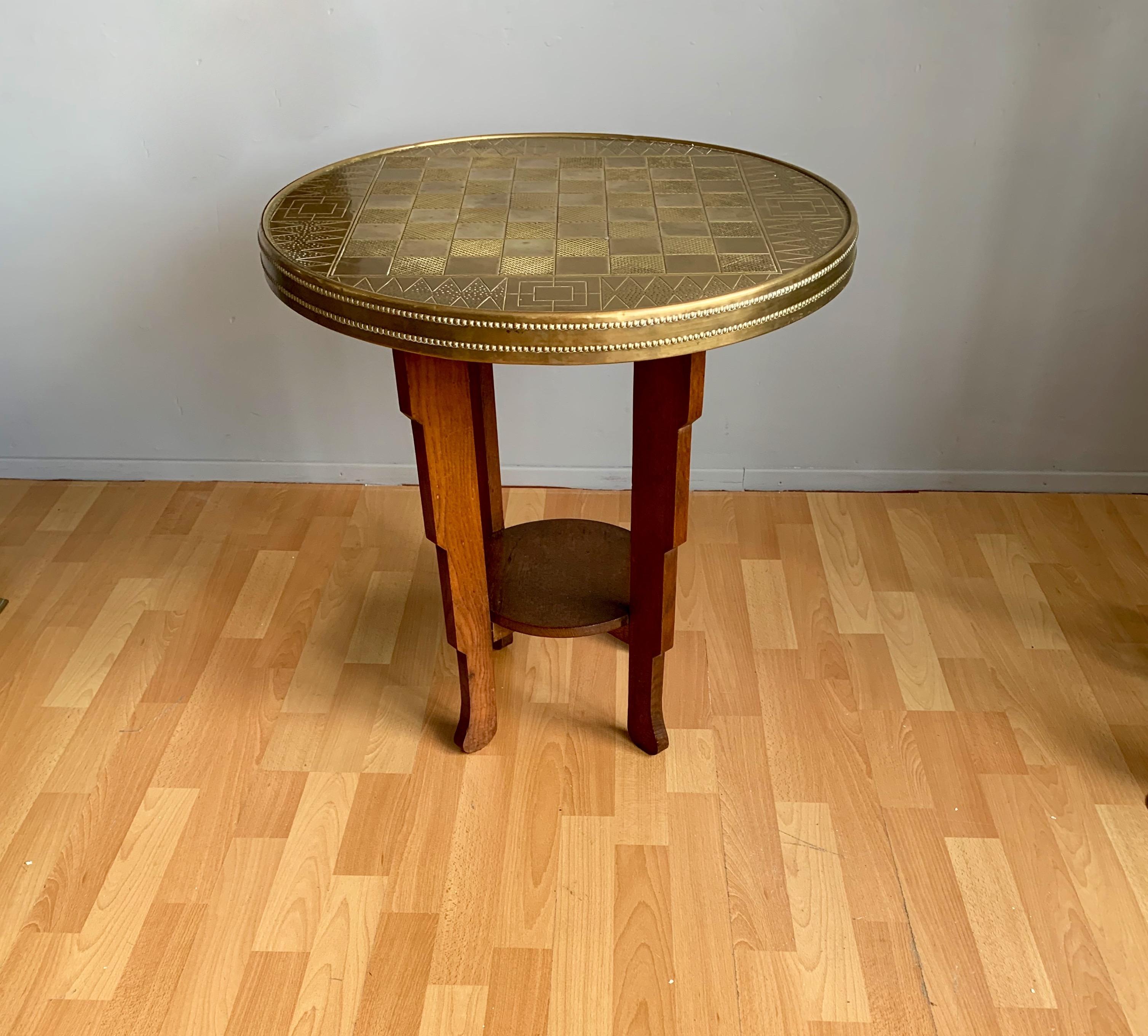 Early 1900s Stylish Dutch Art Deco Oak Chess Table with Embossed Brass Table Top 11