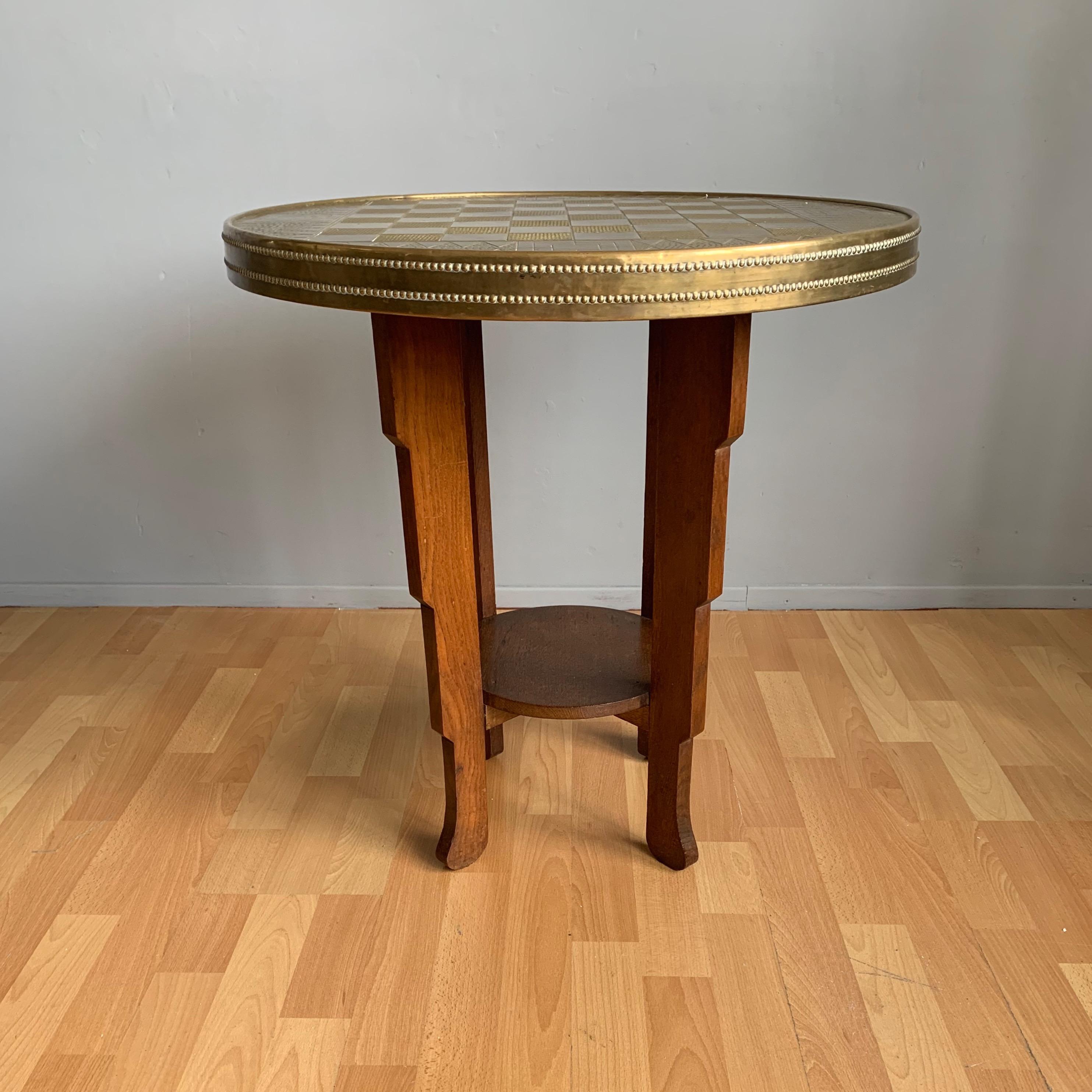 Hand-Crafted Early 1900s Stylish Dutch Art Deco Oak Chess Table with Embossed Brass Table Top