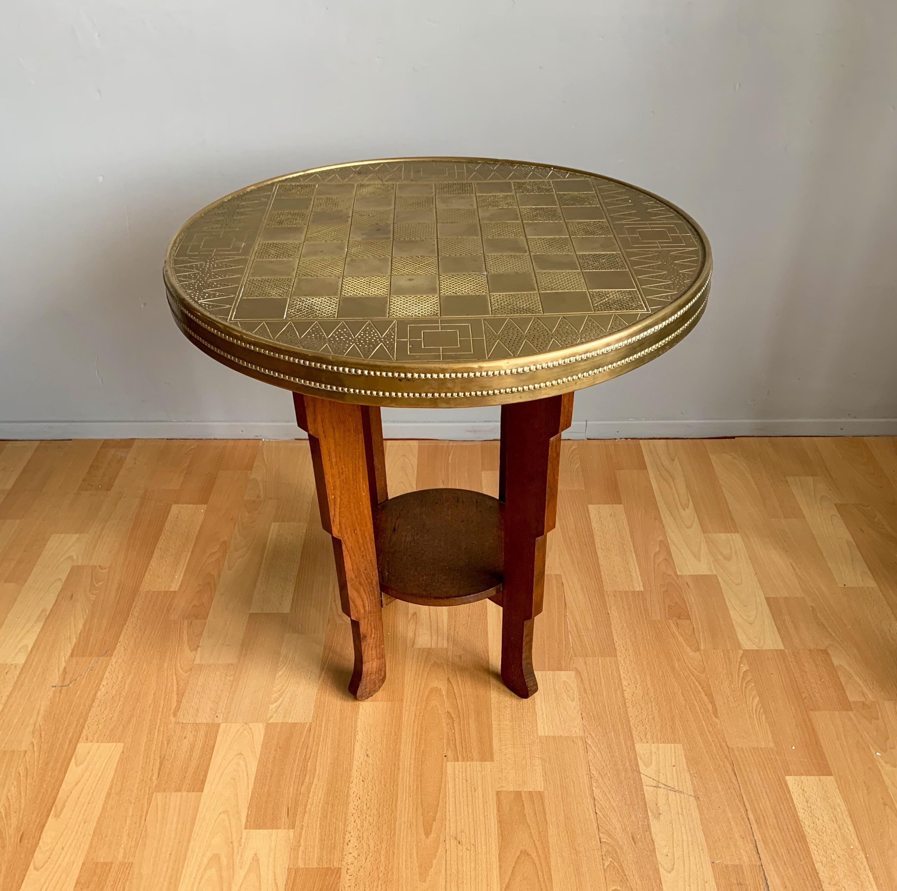 Early 1900s Stylish Dutch Art Deco Oak Chess Table with Embossed Brass Table Top In Good Condition In Lisse, NL
