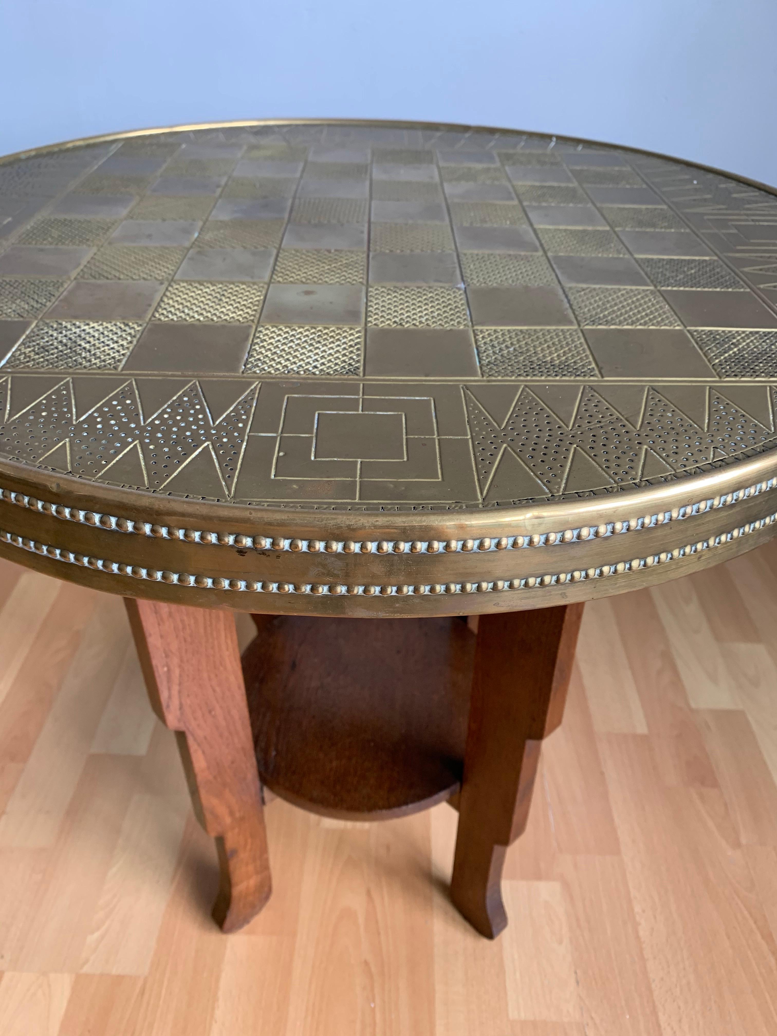 Early 1900s Stylish Dutch Art Deco Oak Chess Table with Embossed Brass Table Top 1