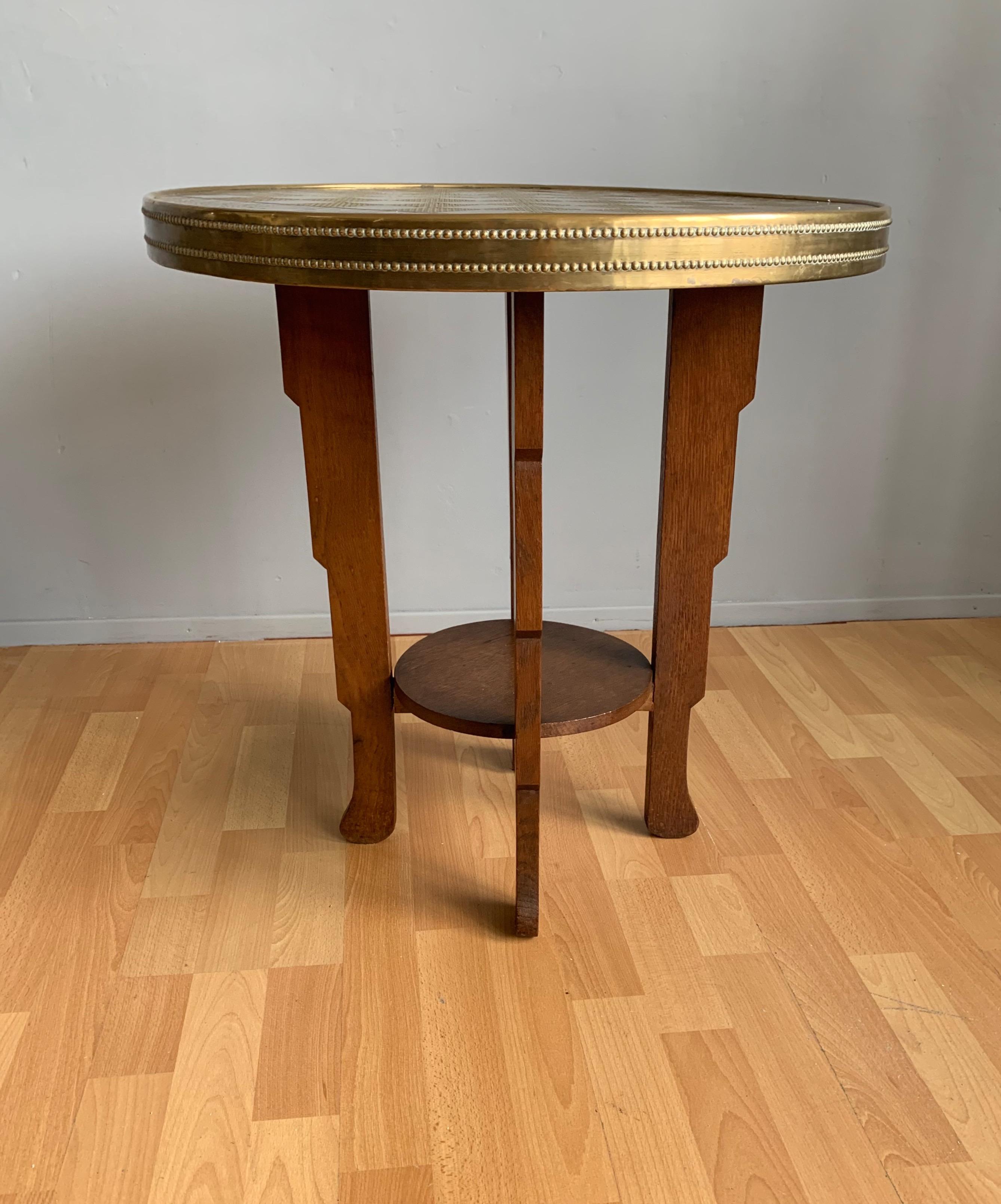 Early 1900s Stylish Dutch Art Deco Oak Chess Table with Embossed Brass Table Top 3