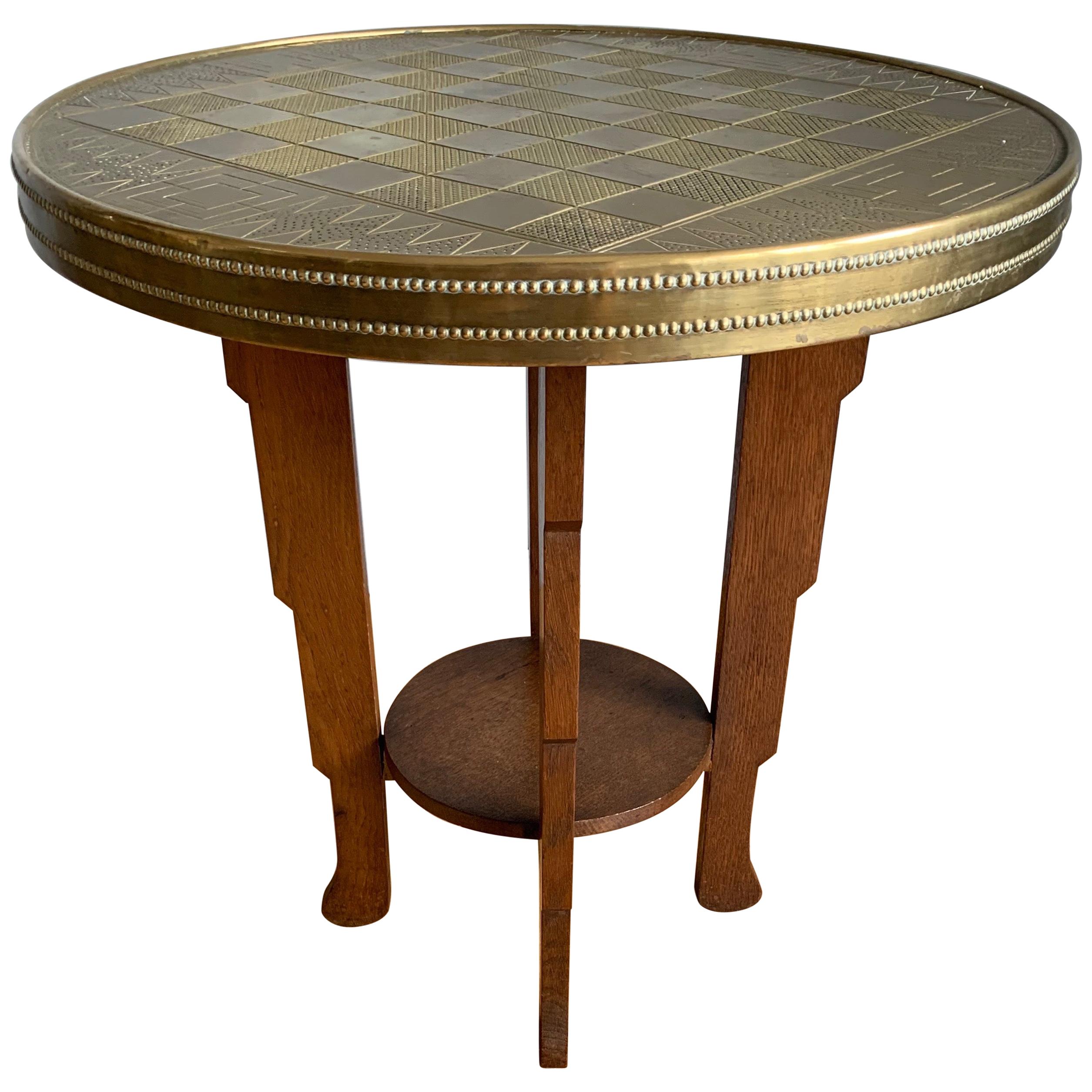 Early 1900s Stylish Dutch Art Deco Oak Chess Table with Embossed Brass Table Top