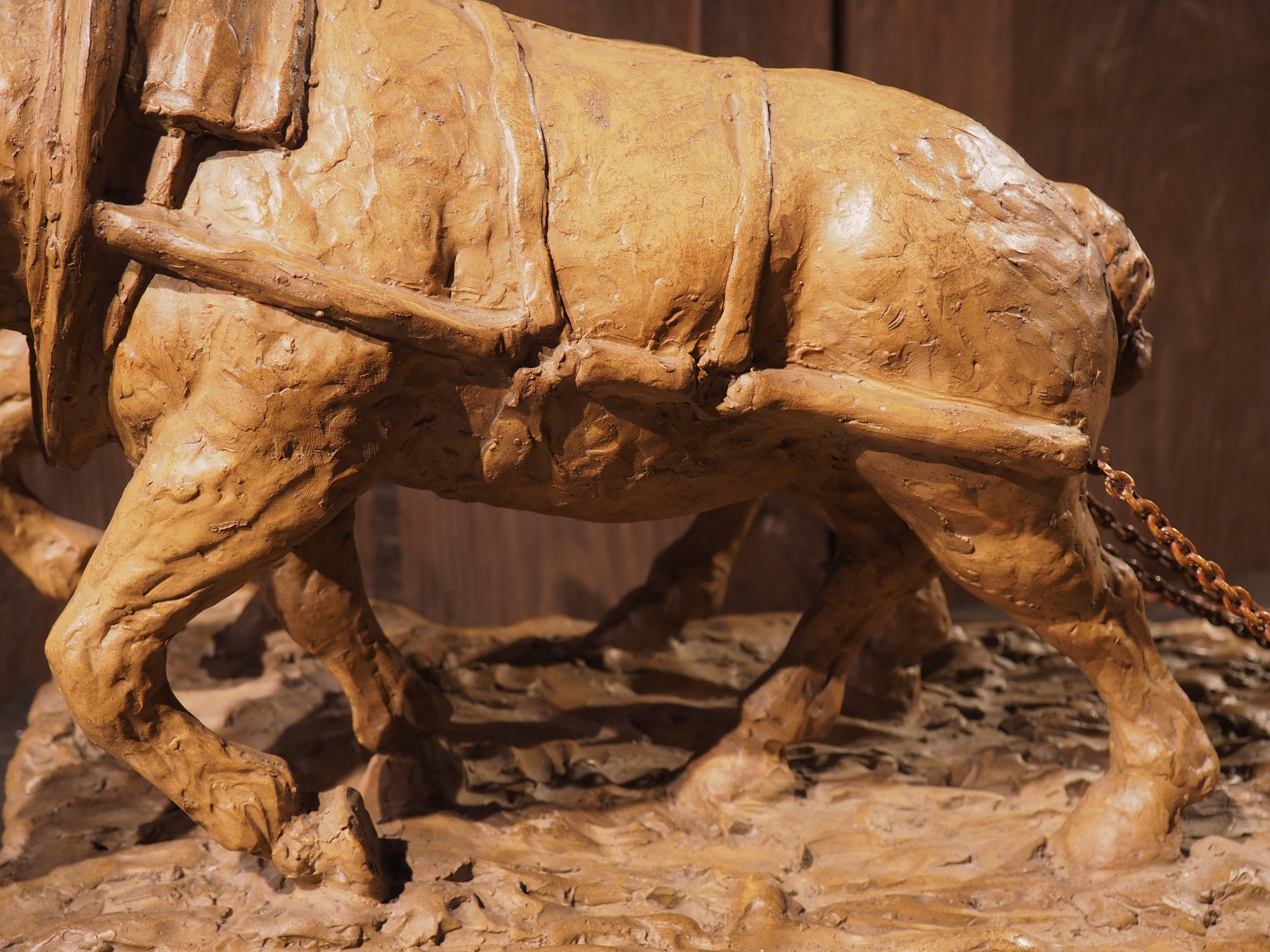 Early 1900s Terra Cotta Plow Horses Sculpture from France 3