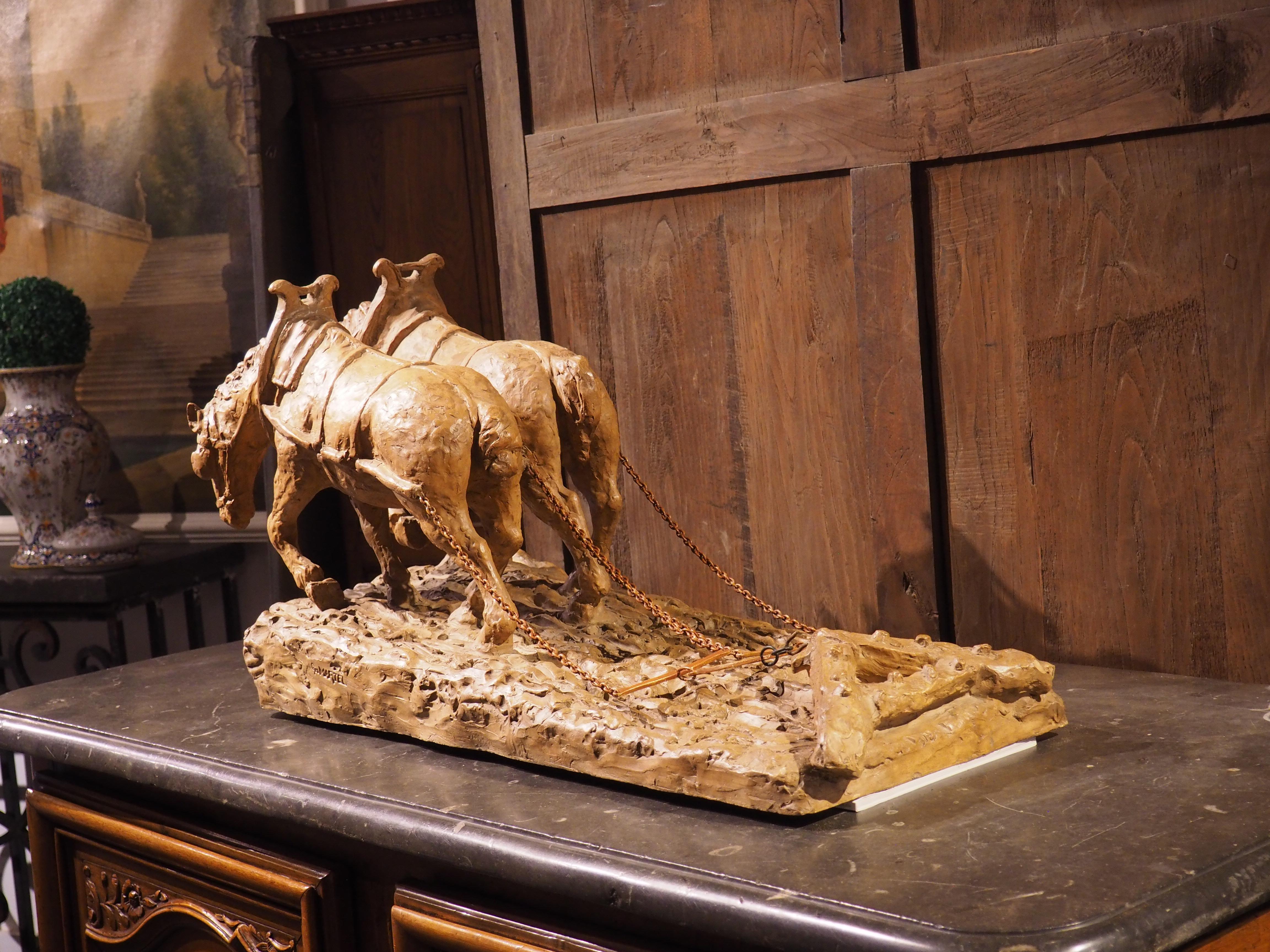 Early 1900s Terra Cotta Plow Horses Sculpture from France 5