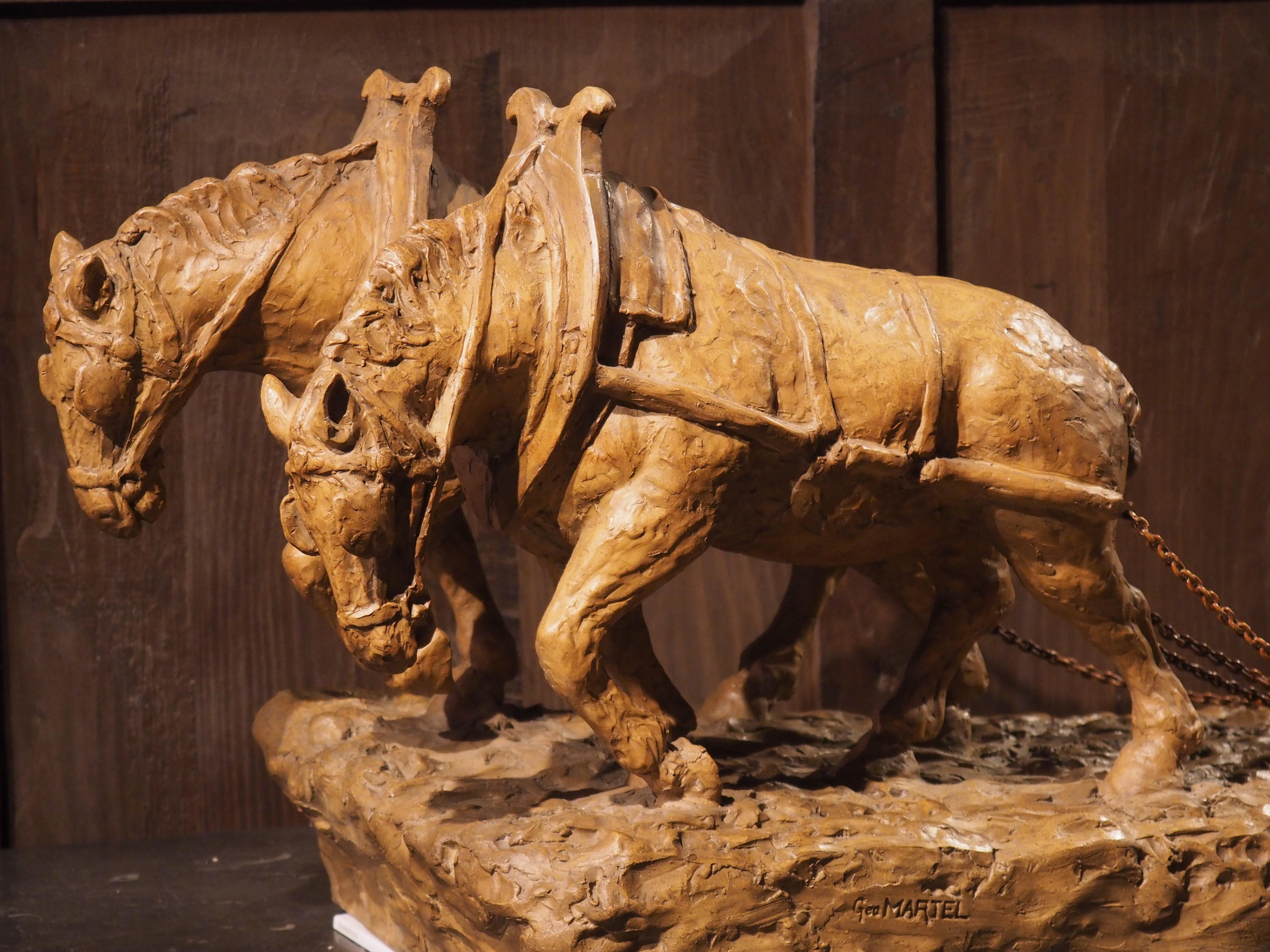 Early 1900s Terra Cotta Plow Horses Sculpture from France 9