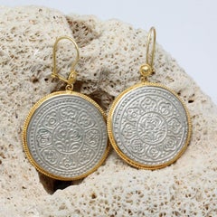 Early 1900's Tibet Silver Tangka Coin 18K Gold Wire Earrings