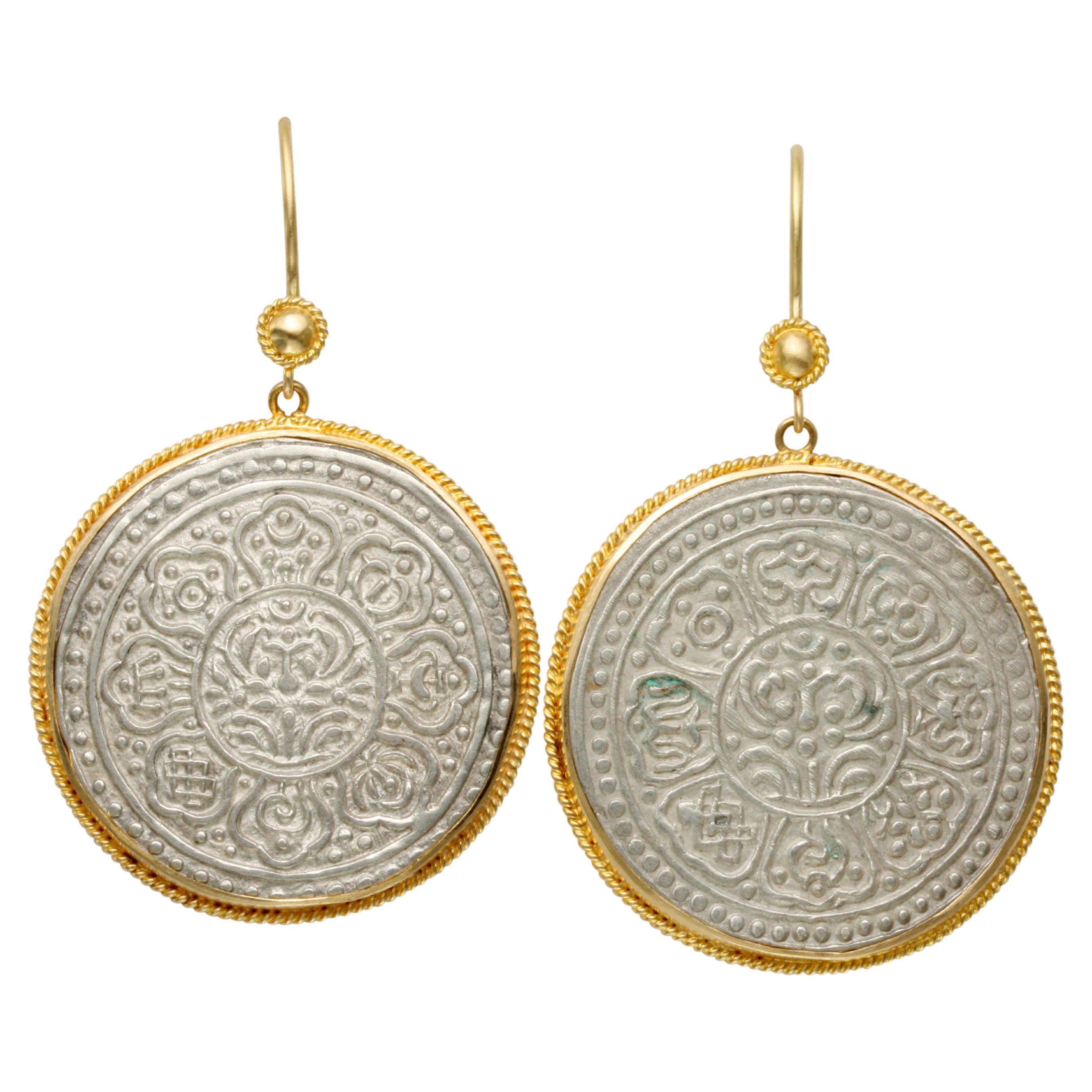Early 1900's Tibet Silver Tangka Coin 18K Gold Wire Earrings For Sale
