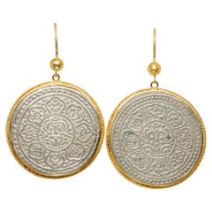 Early 1900's Tibet Silver Tangka Coin 18K Gold Wire Earrings