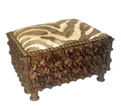 Early 1900s Tramp Art Spool Footstool Upholstered in Clarence House Linen