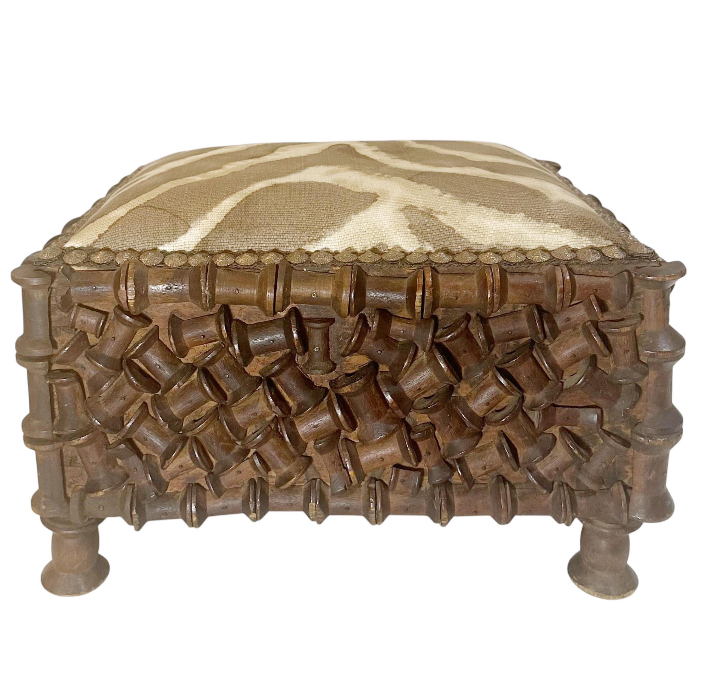 American Early 1900s Tramp Art Spool Footstool Upholstered in Clarence House Linen For Sale