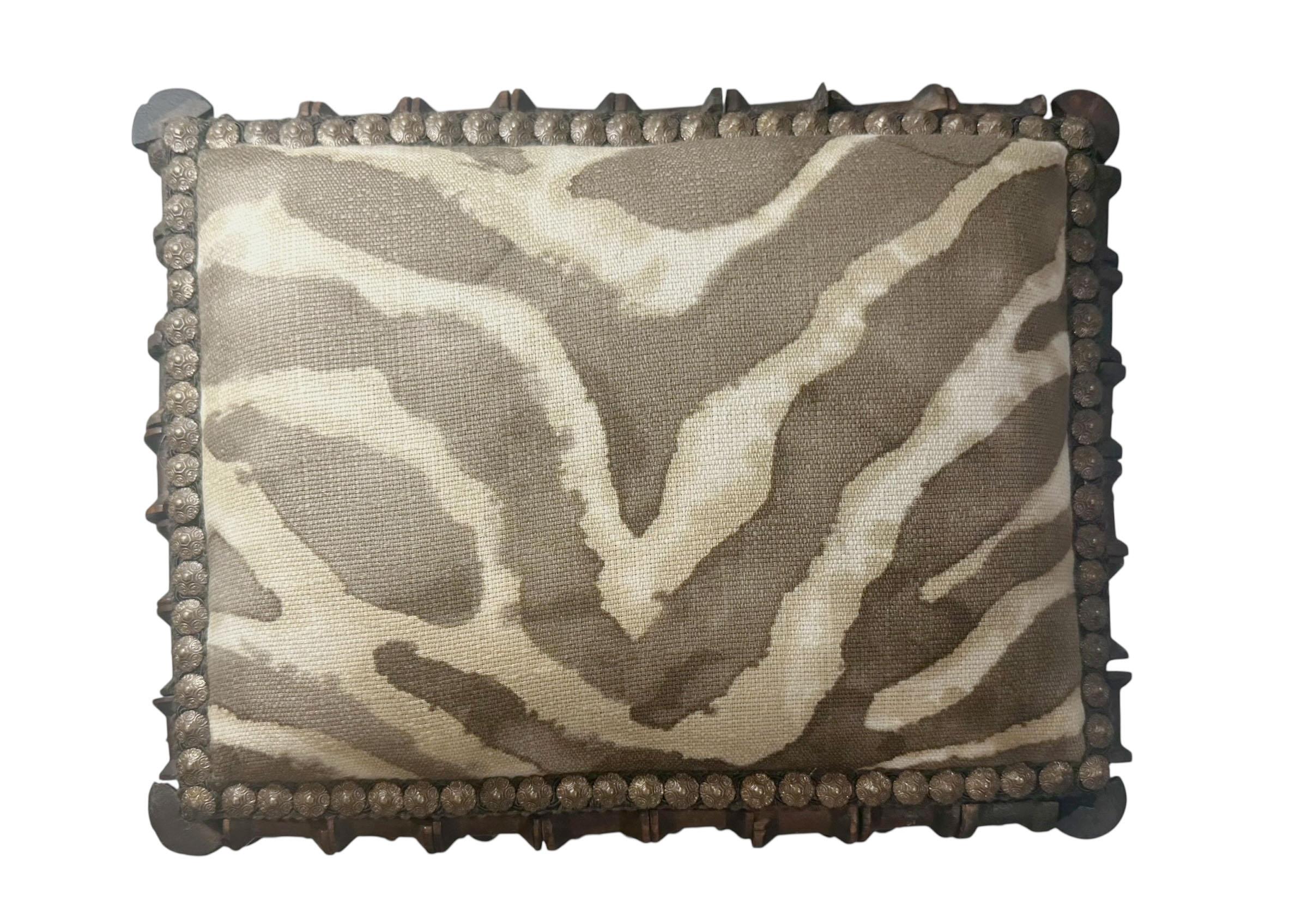 Early 20th Century Early 1900s Tramp Art Spool Footstool Upholstered in Clarence House Linen For Sale