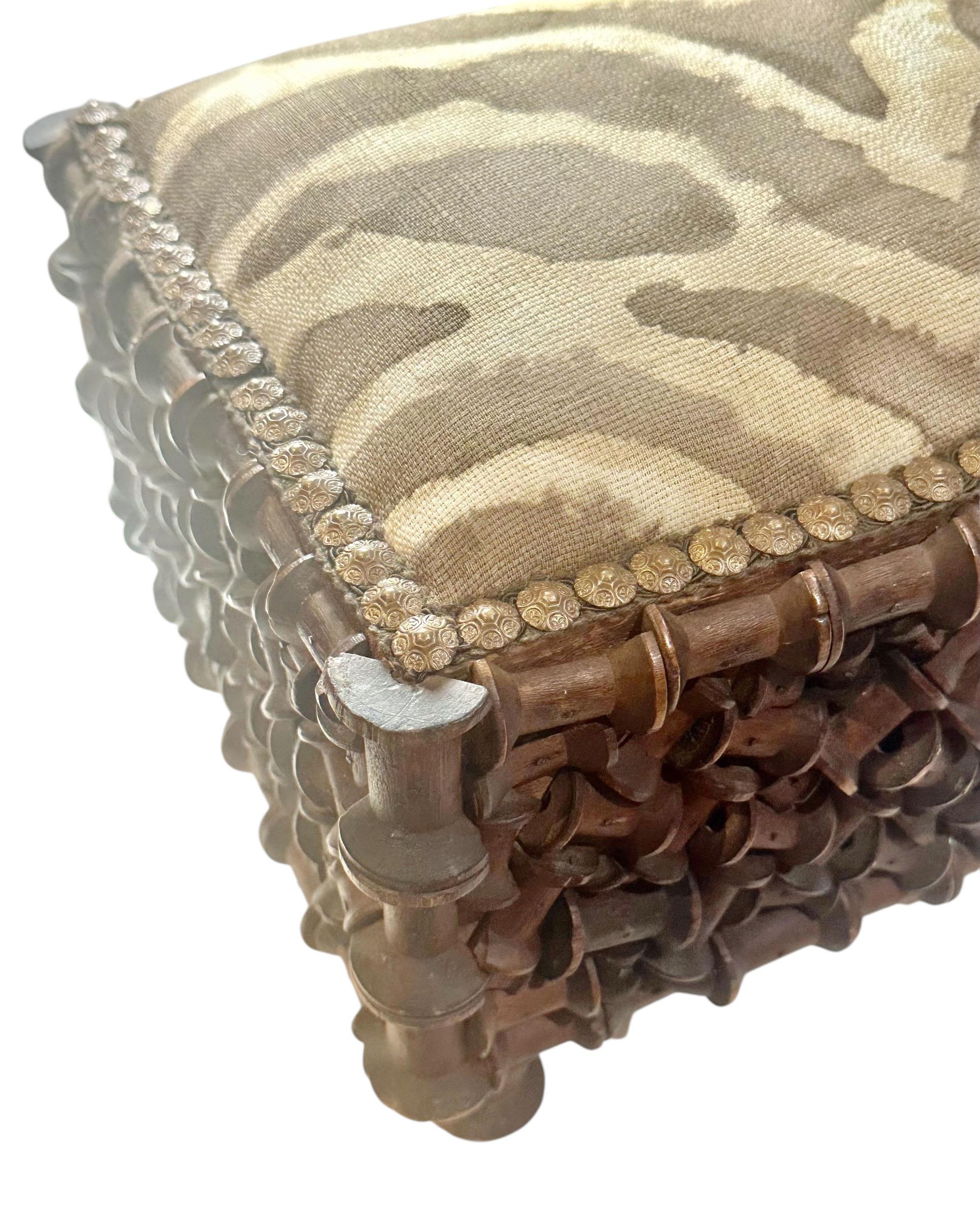 Textile Early 1900s Tramp Art Spool Footstool Upholstered in Clarence House Linen For Sale
