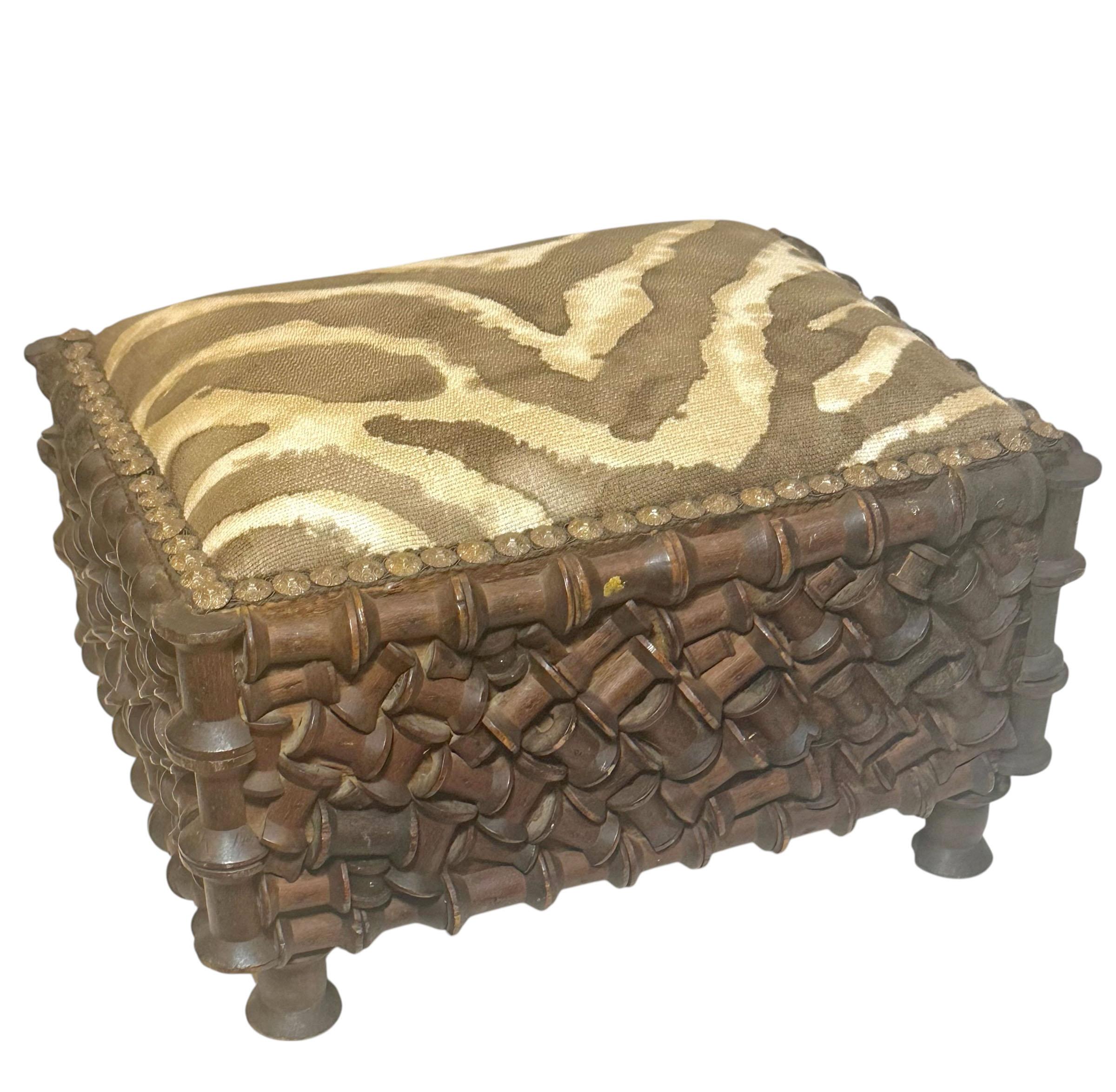 Early 1900s Tramp Art Spool Footstool Upholstered in Clarence House Linen For Sale 1