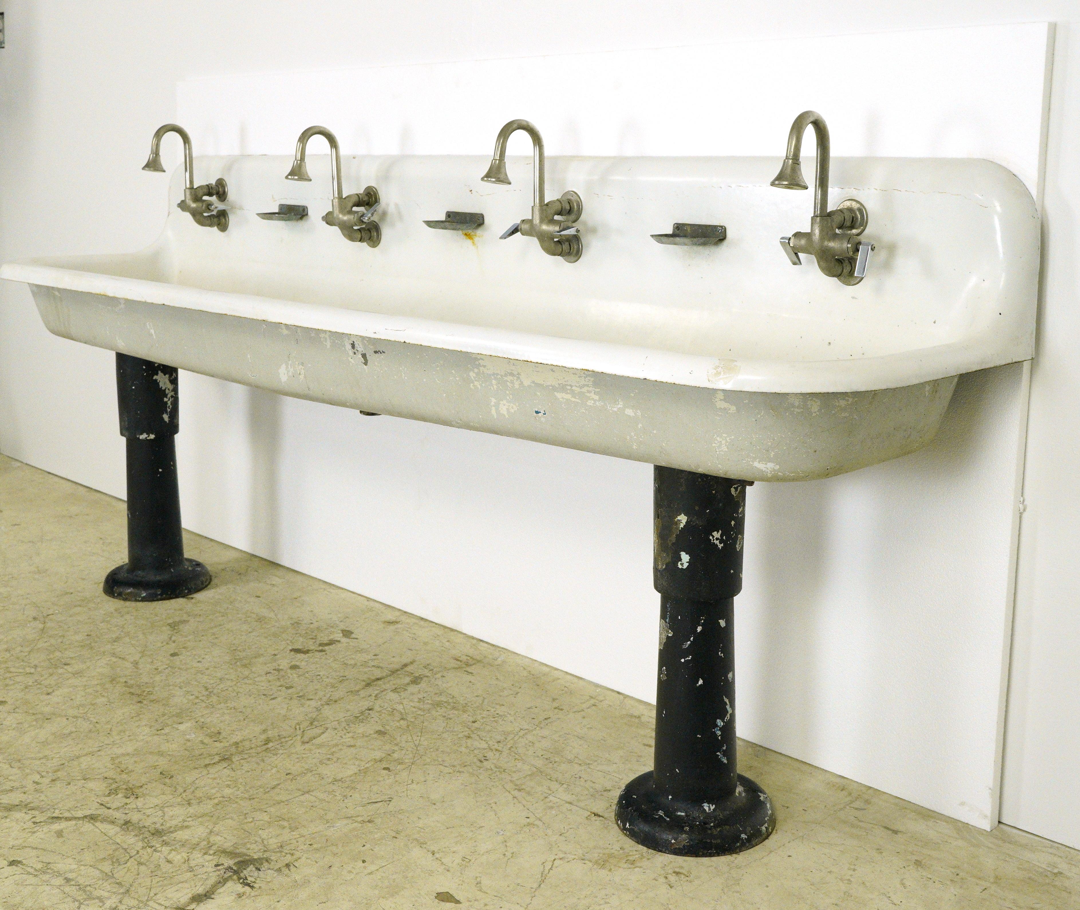 Steel Early 1900s Trough Gang Sink with Original Pedestal Legs