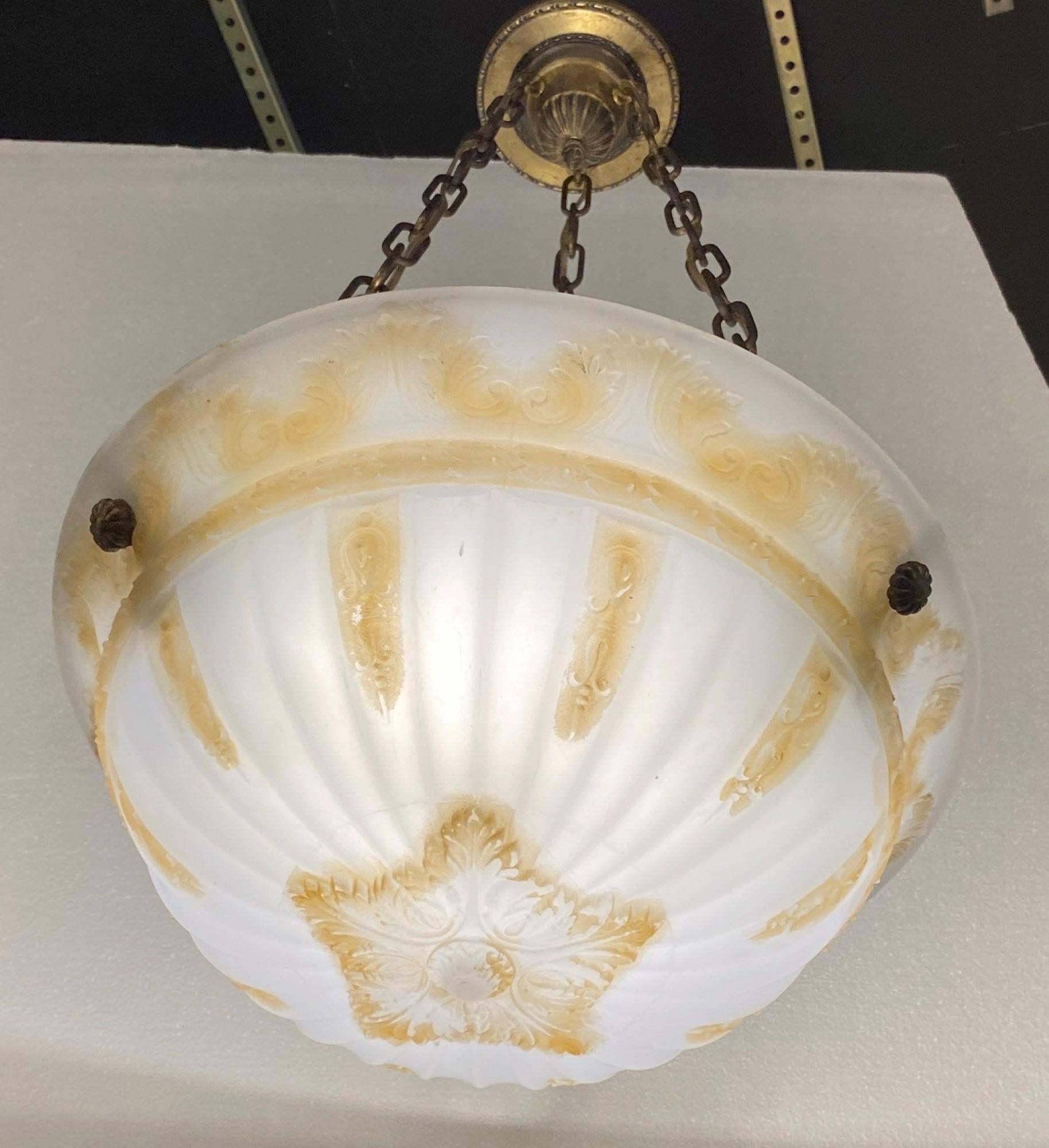 American Early 1900s Victorian Hanging Dish Pendant Light with Cast Glass, Brass Hardware