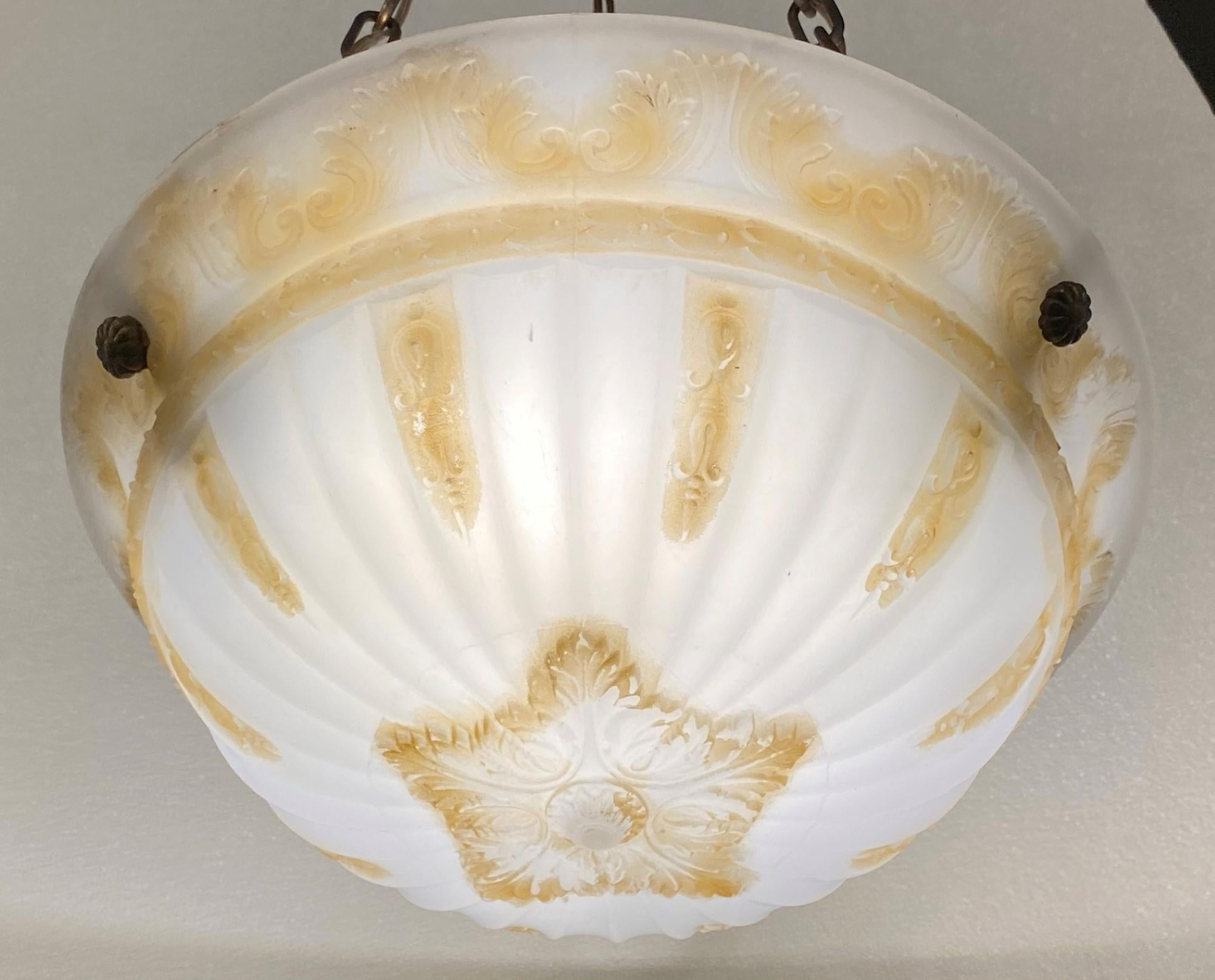 Early 1900s Victorian Hanging Dish Pendant Light with Cast Glass, Brass Hardware In Good Condition In New York, NY