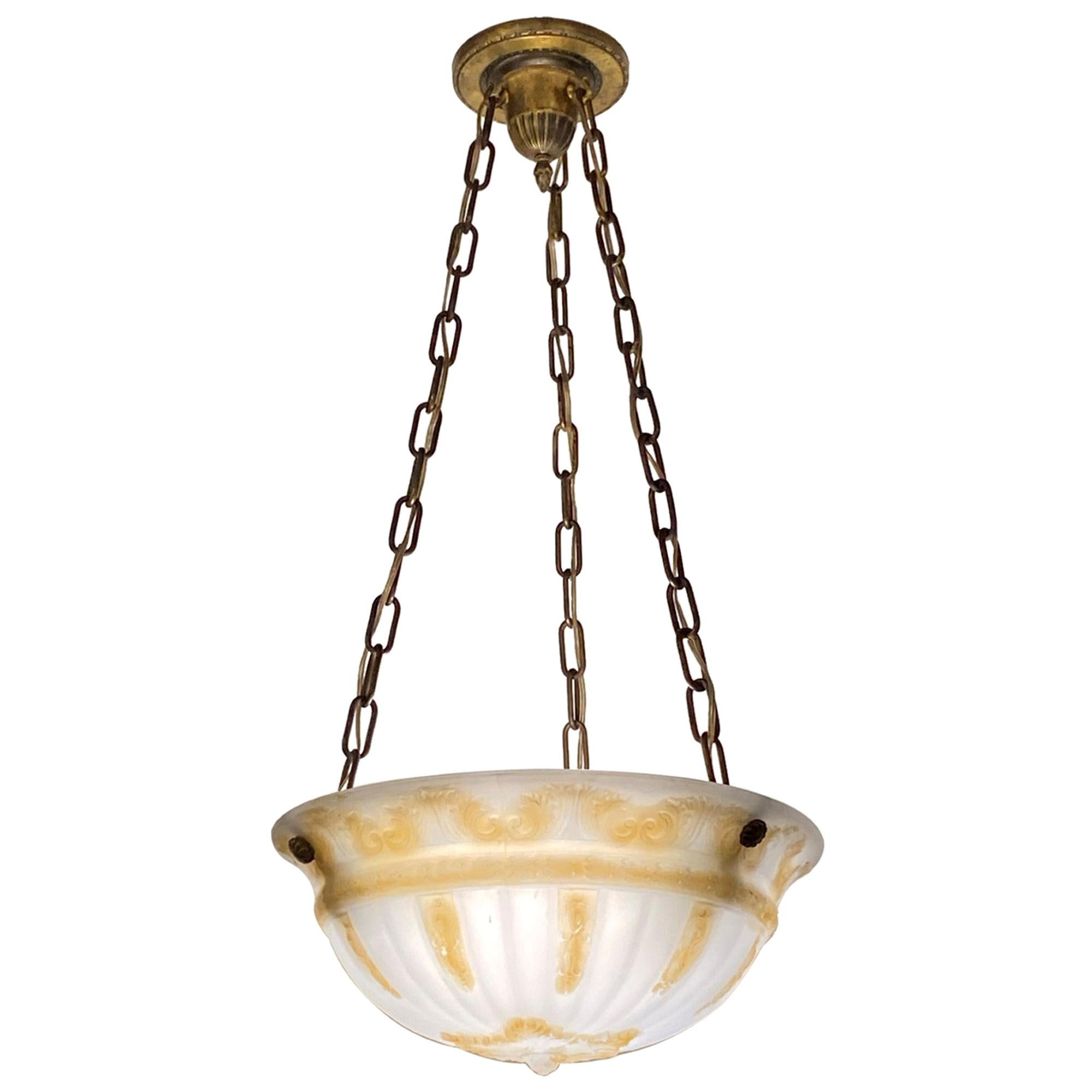 Early 1900s Victorian Hanging Dish Pendant Light with Cast Glass, Brass Hardware
