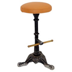 Early 1900s Vintage Cast Iron Bar Stool - New leather upholstery