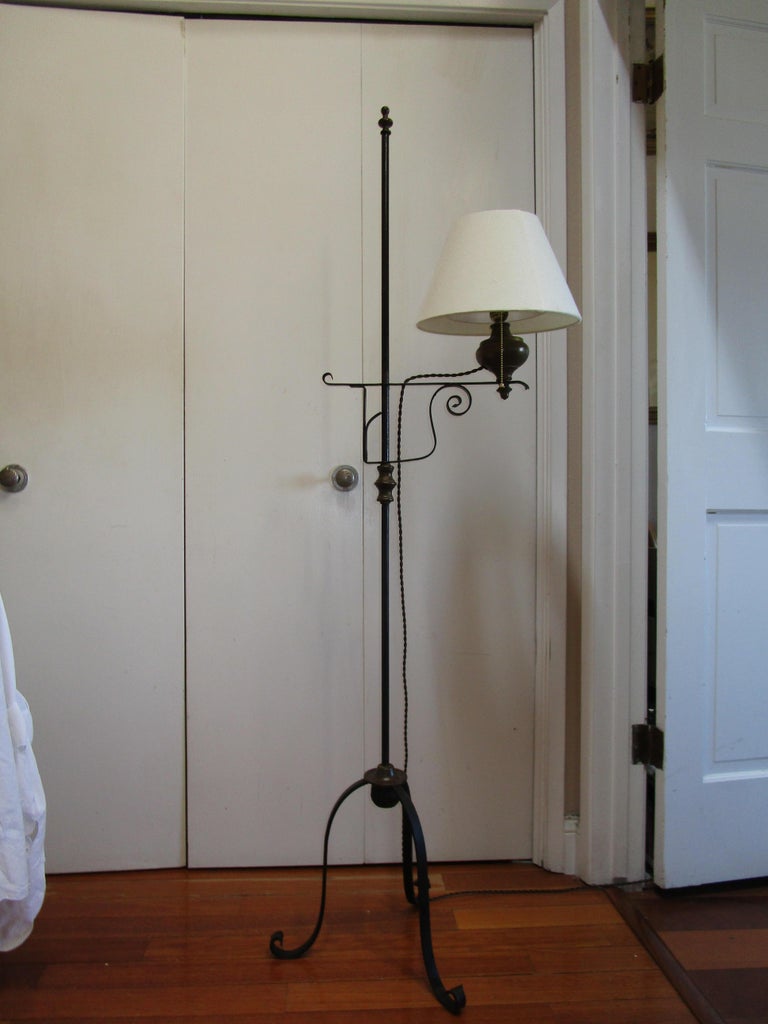 Early 1900s Vintage Colonial Style Wrought Iron Tripod Scrollwork Floor Lamp