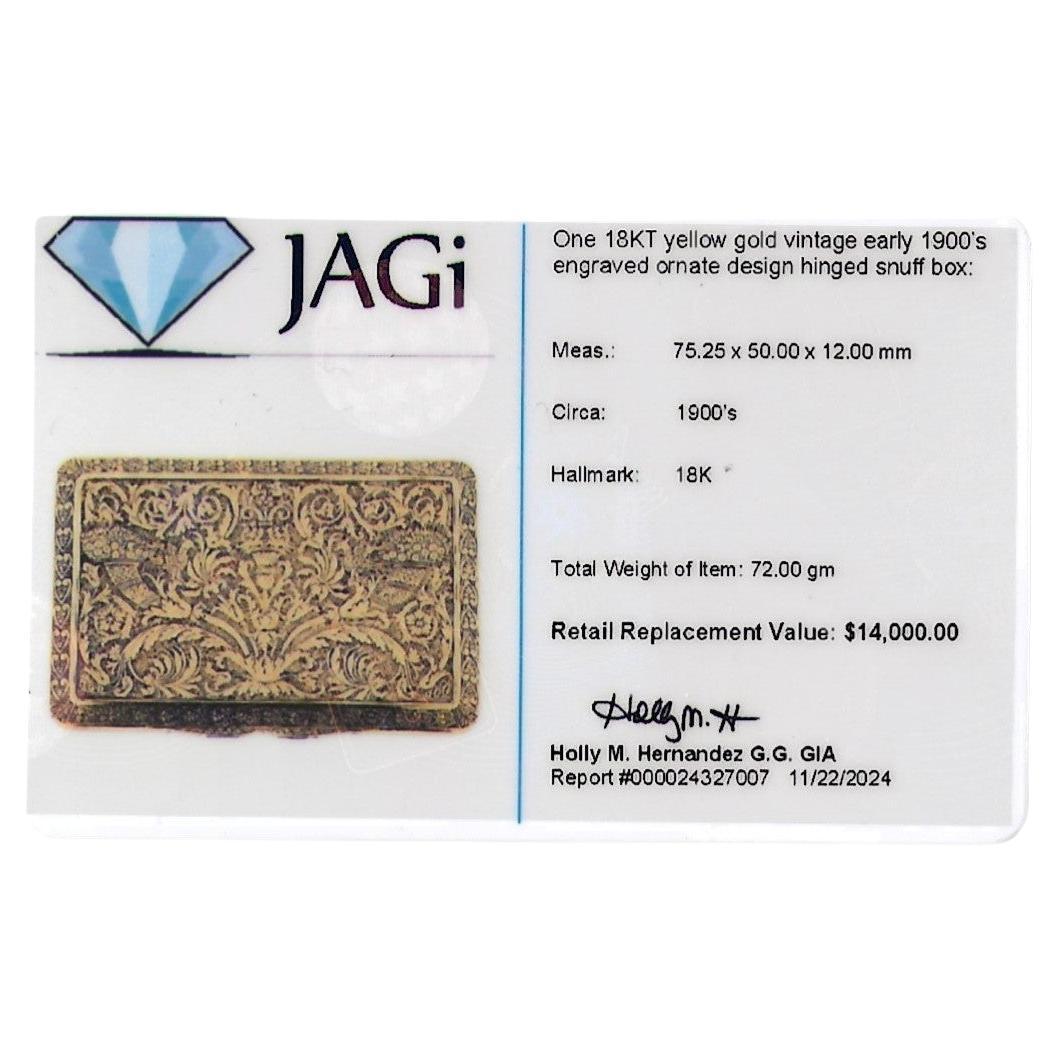 Frühe 1900er Jahre Vintage graviert verziert Scharnier Schnupftabakdose in 18 Karat Gelbgold im Angebot 6