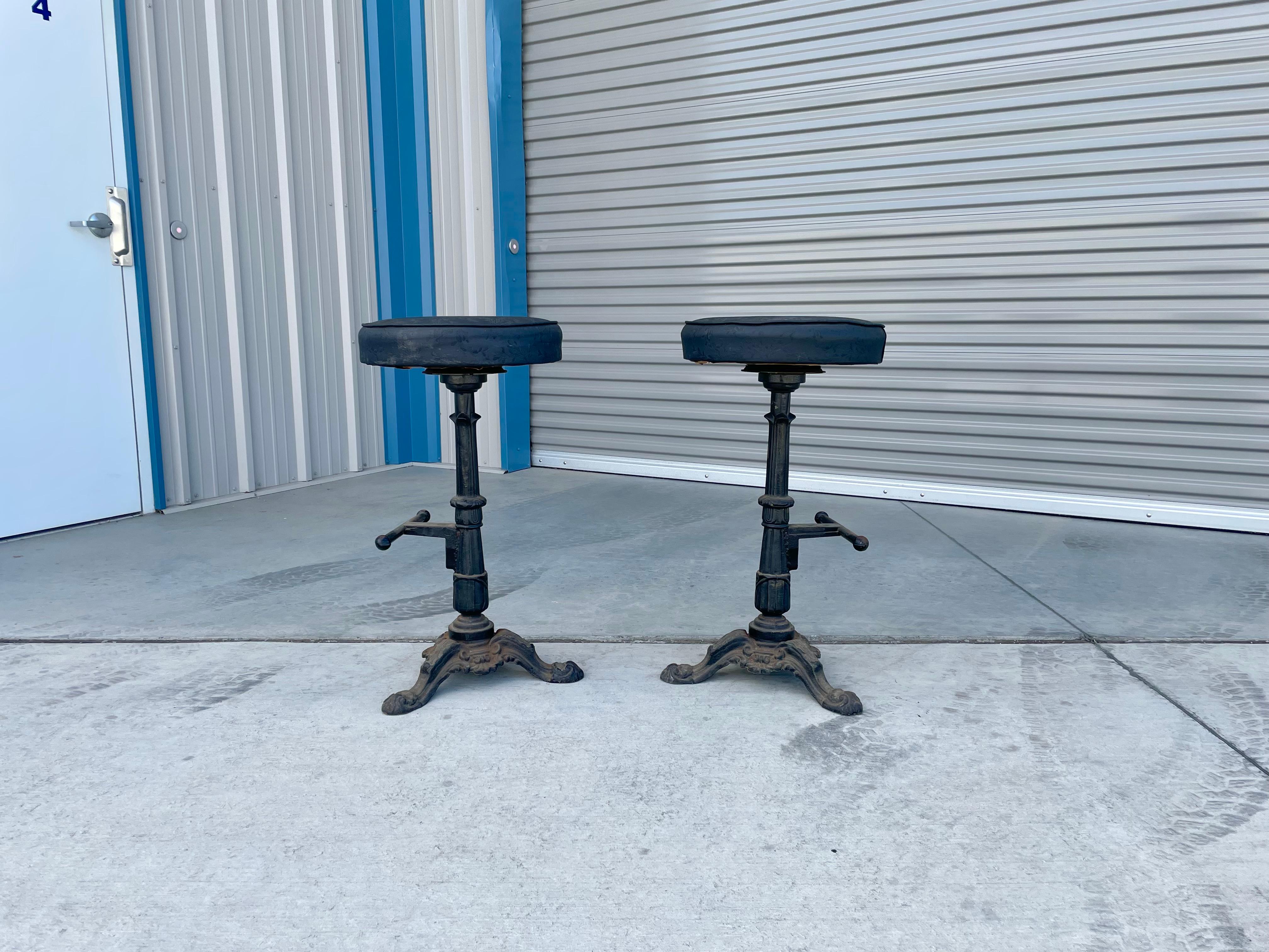 Mid-Century Modern Early 1900s Vintage Heavy Cast Iron Bar Stools- a Pair For Sale
