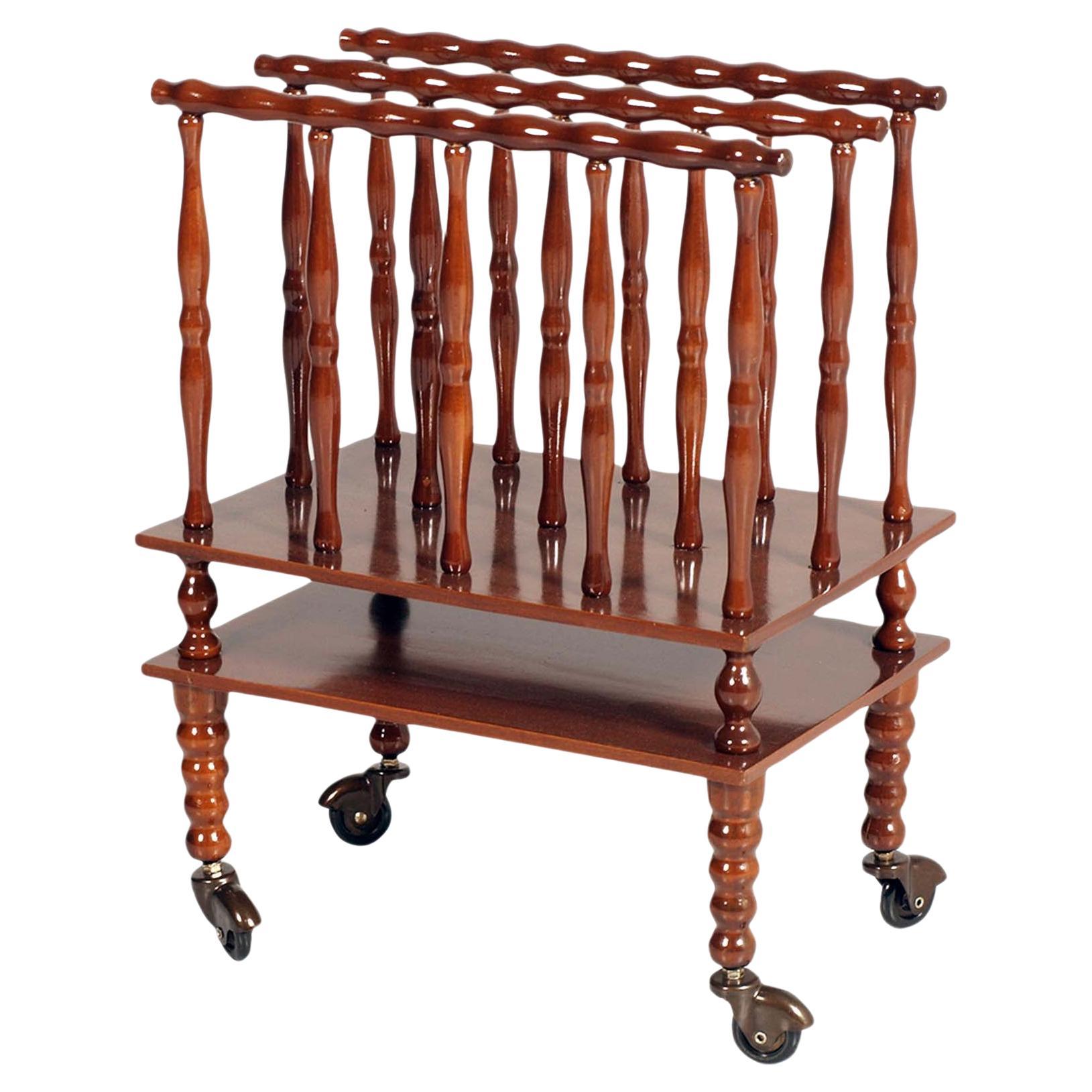 Early 1900s Walnut Magazine Rack with Spool Legs on Swivel Wheels, Wax Polished