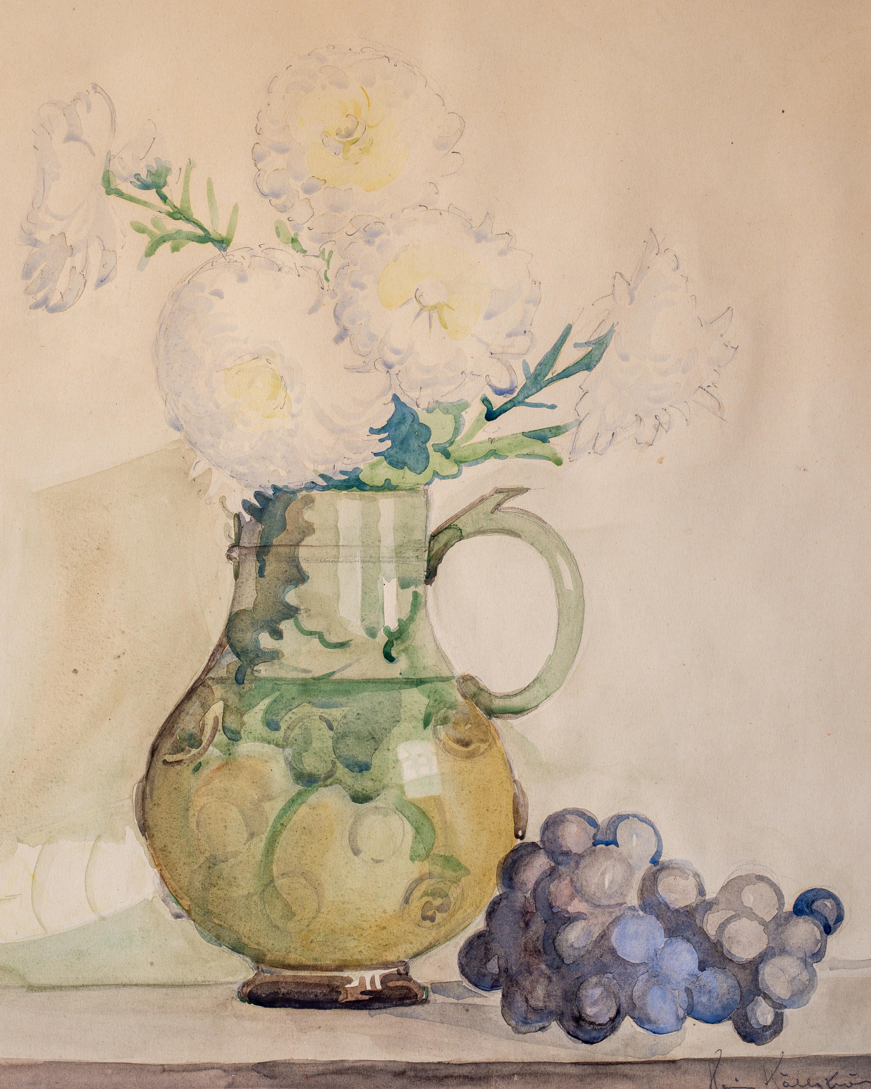Peint à la main Nature morte à l'aquarelle du début des années 1900, signée et datée en vente