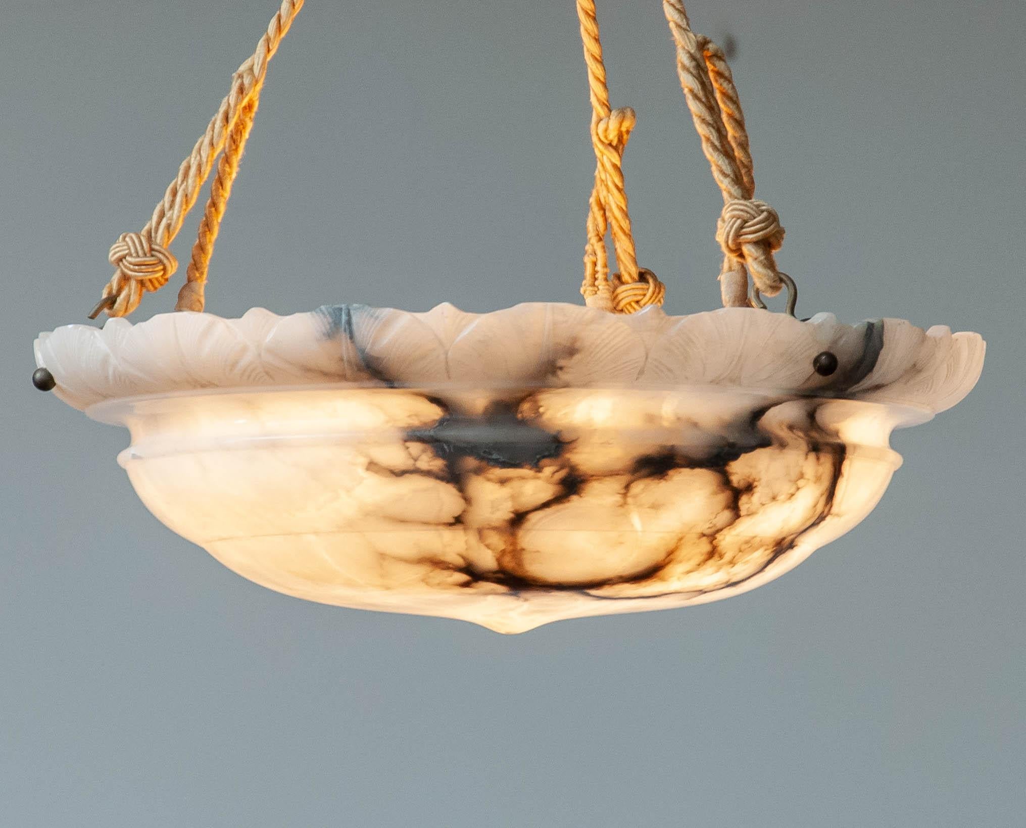 Arts and Crafts Early 1900s White Alabaster Arts & Crafts Pendant with Original Rope & Striking