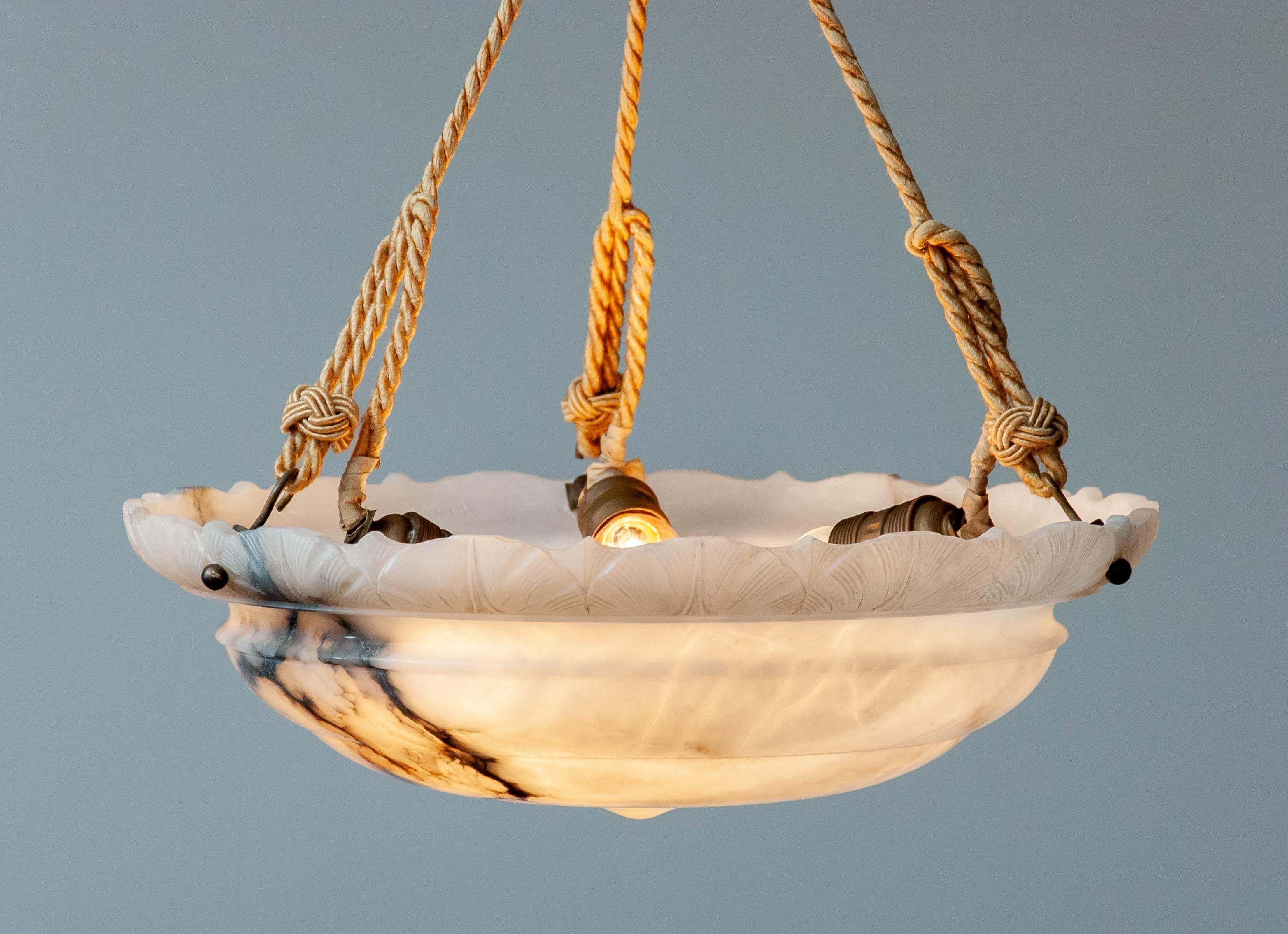 Polished Early 1900s White Alabaster Arts & Crafts Pendant with Original Rope & Striking