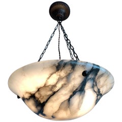 Antique Early 1900s White 
Black Veins Art Deco Alabaster Flush Mount or Pendant Light