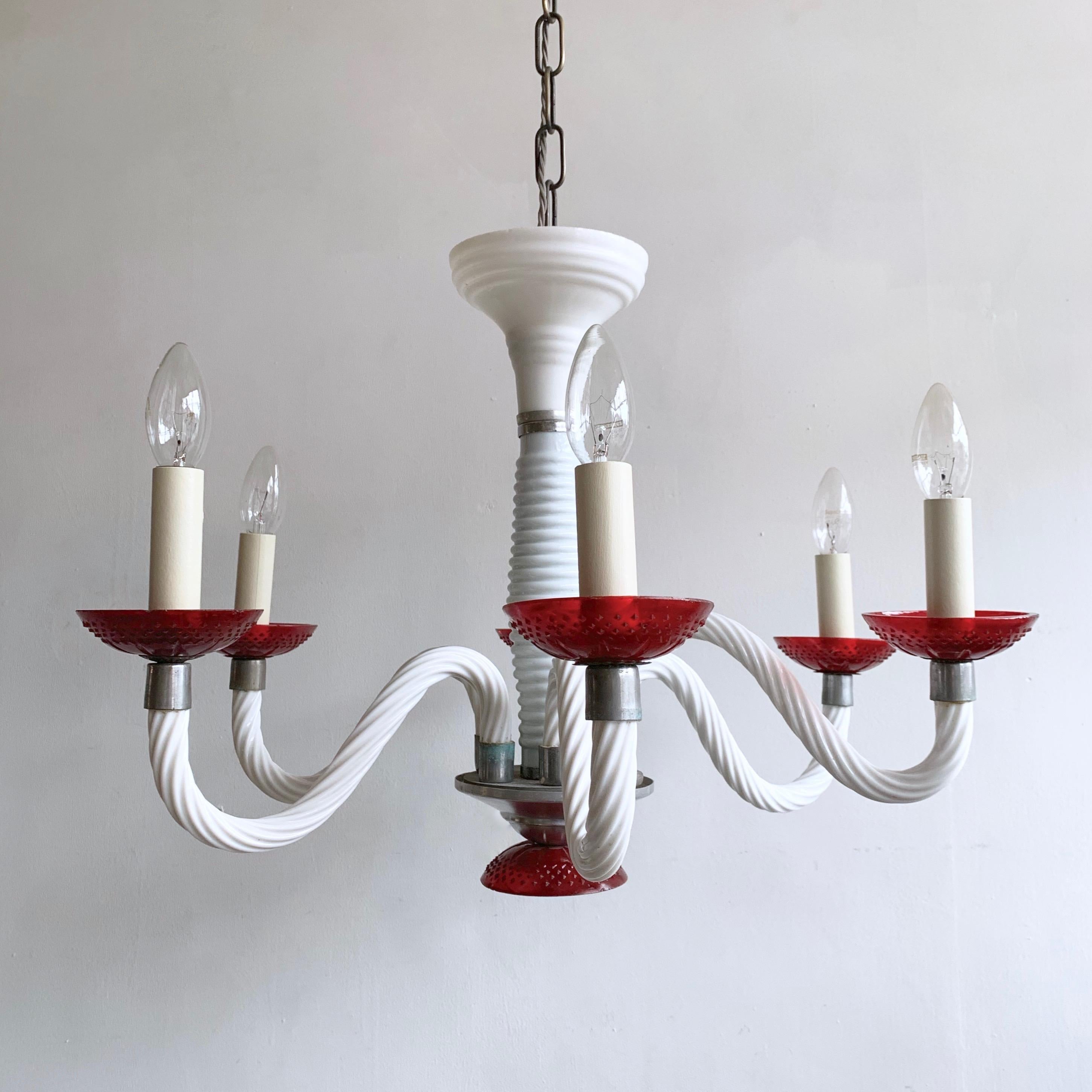 Early 1900s French glass swan neck chandelier made from white glass with nickel-plated parts finished with red glass bobeche pans. The chandelier comes supplied with braided flex and chain, ceiling rose and a chandelier hook plate. Chandelier